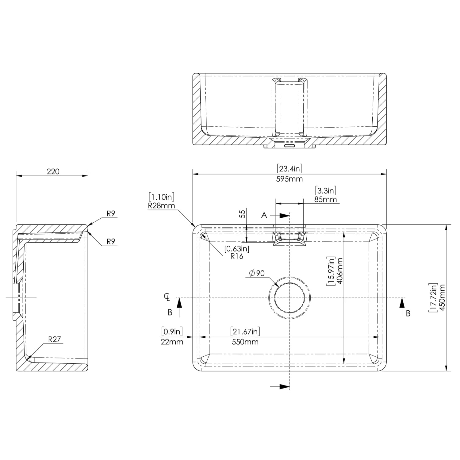 Nuie Single Bowl Belfast Sink With Central Waste And Weir Overflow - White