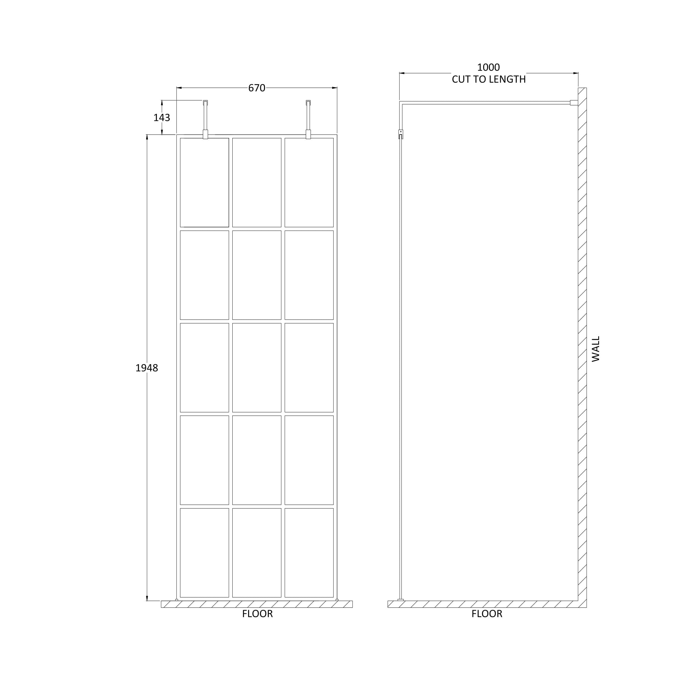 Aspect 8mm Glass Frame Wetroom Panel With Arms And Feet - Matt Black