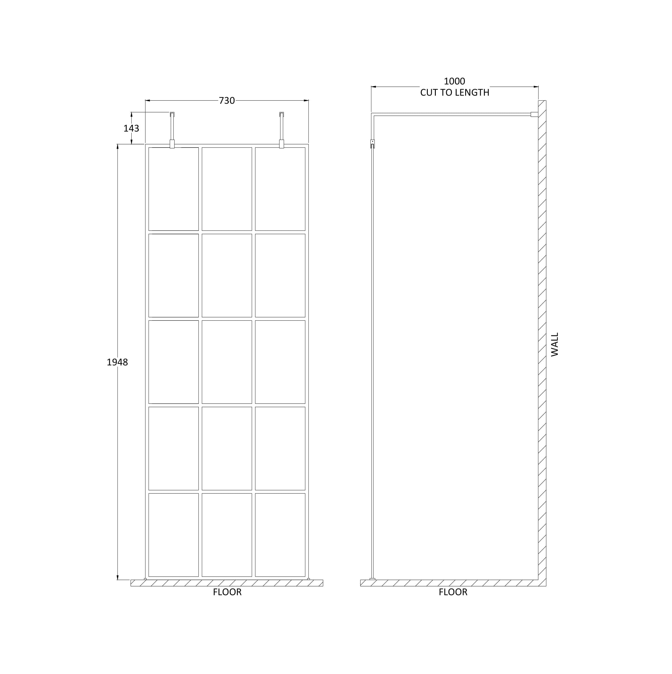 Aspect 8mm Glass Frame Wetroom Panel With Arms And Feet - Matt Black