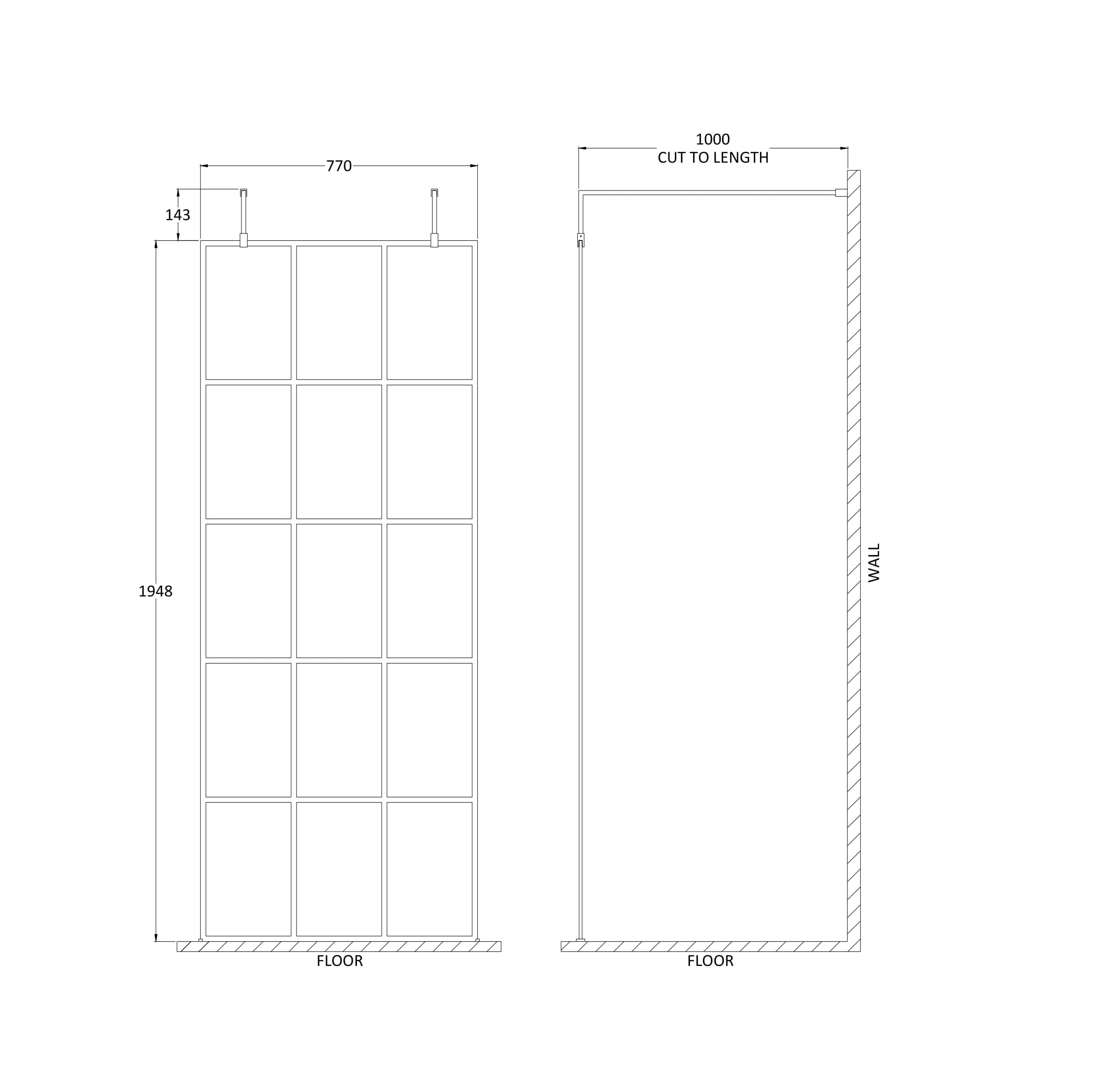 Aspect 8mm Glass Frame Wetroom Panel With Arms And Feet - Matt Black