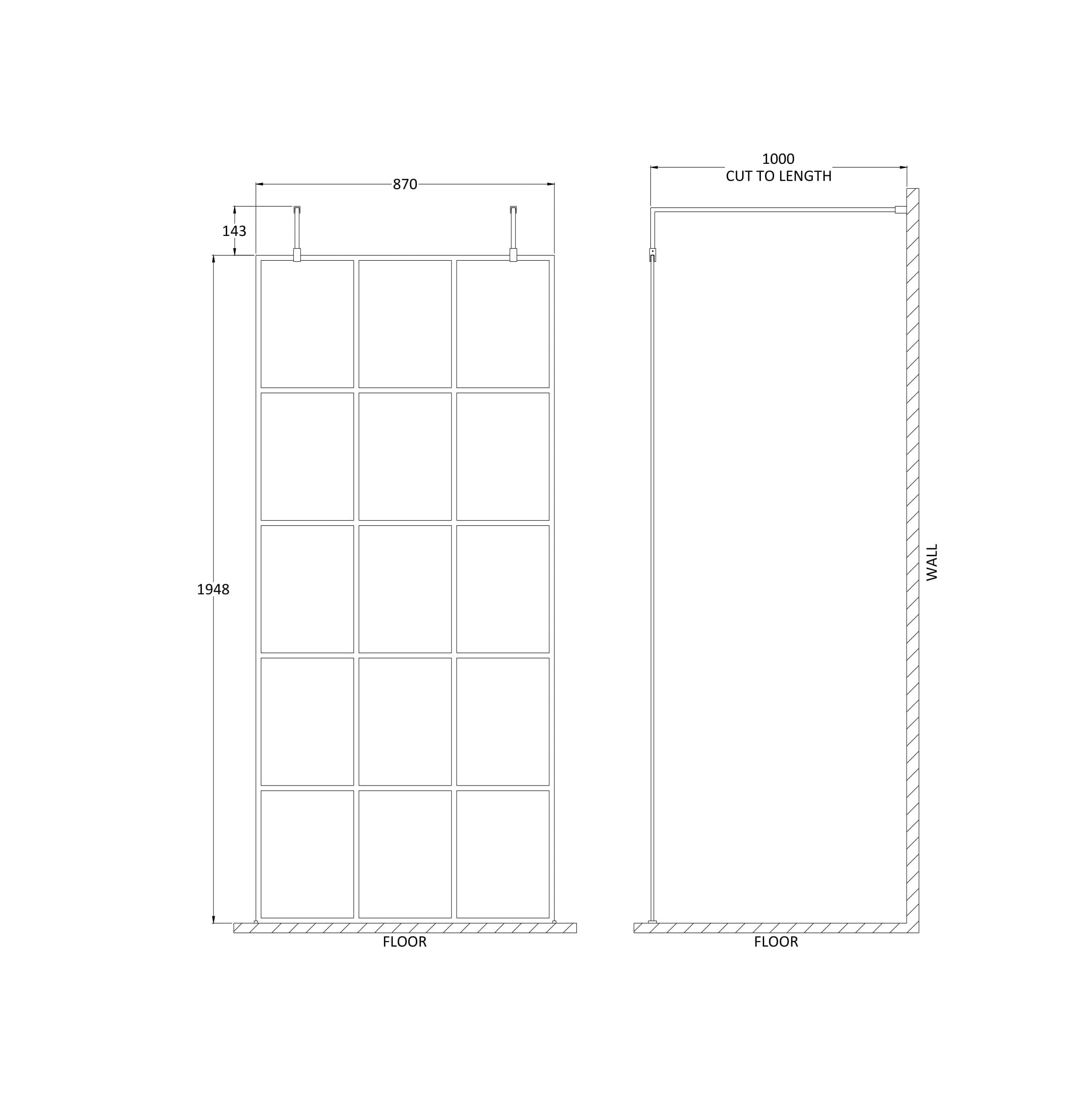Aspect 8mm Glass Frame Wetroom Panel With Arms And Feet - Matt Black