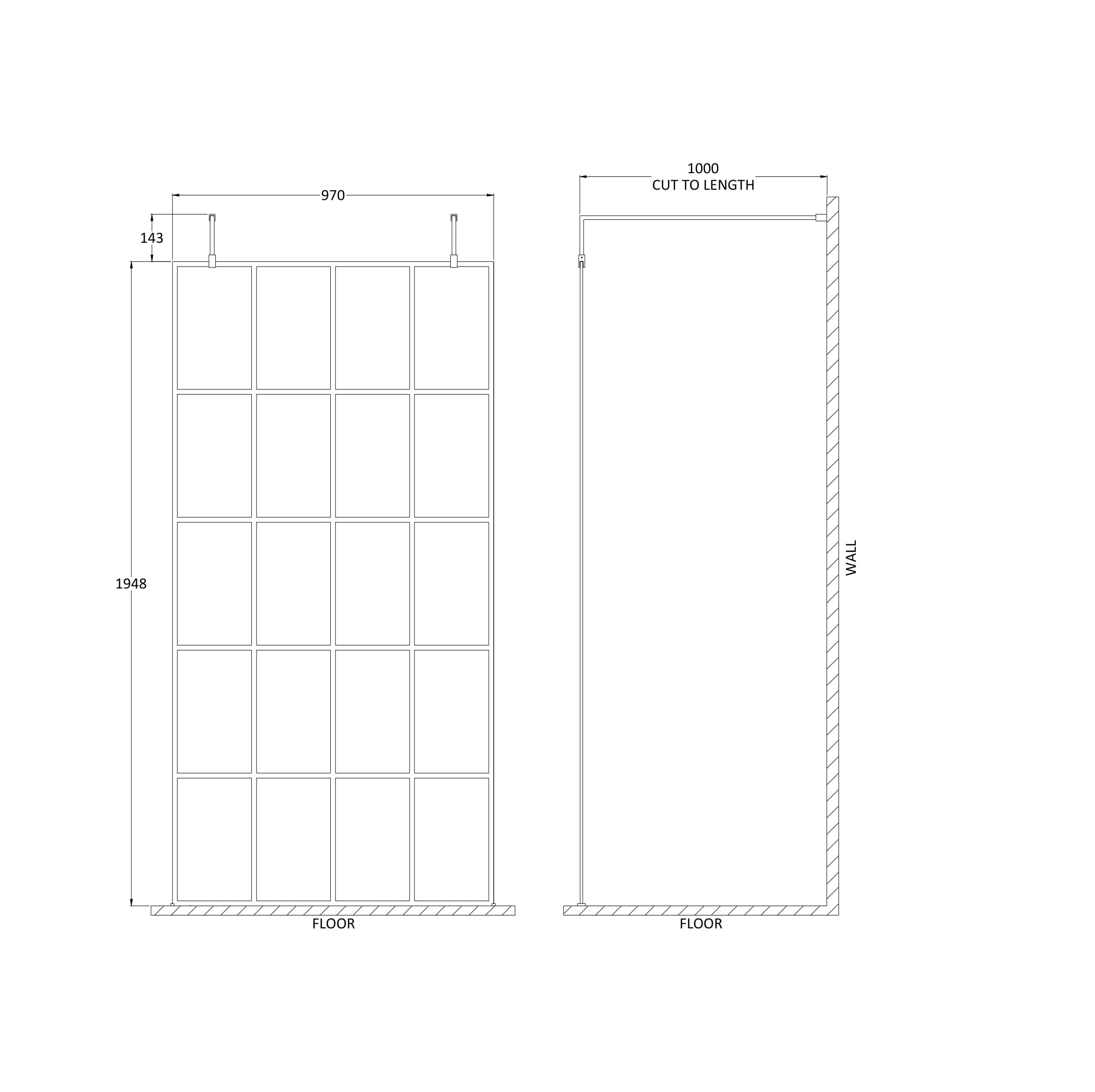 Aspect 8mm Glass Frame Wetroom Panel With Arms And Feet - Matt Black