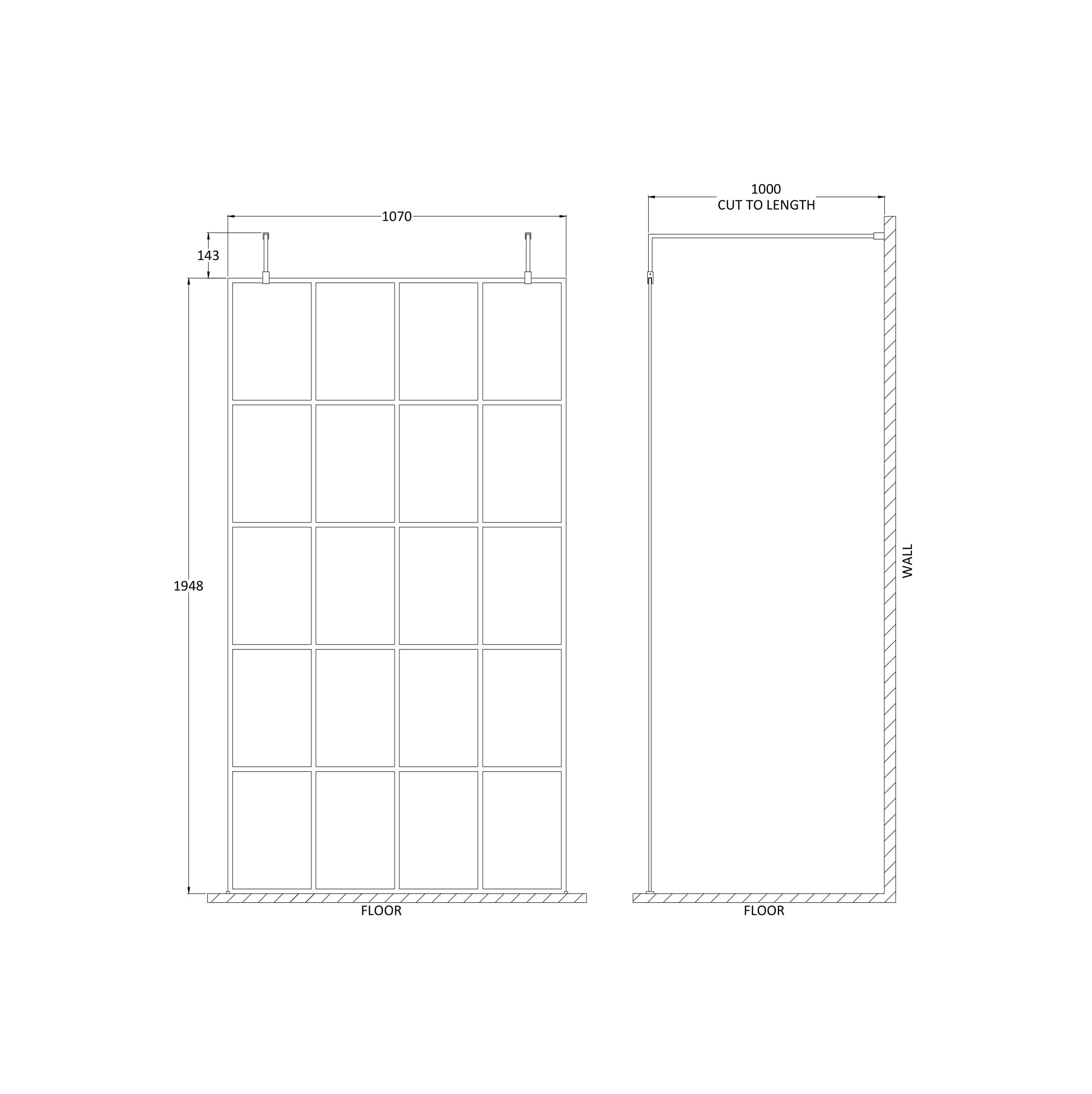 Aspect 8mm Glass Frame Wetroom Panel With Arms And Feet - Matt Black