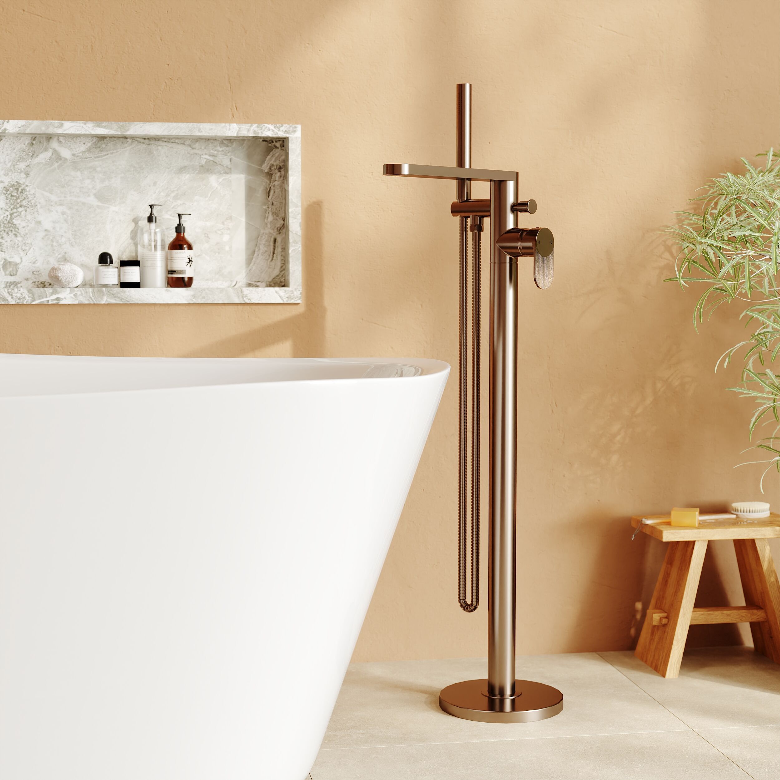 Cove Fluted Floor Mounted Bath Shower Mixer Tap With Handset