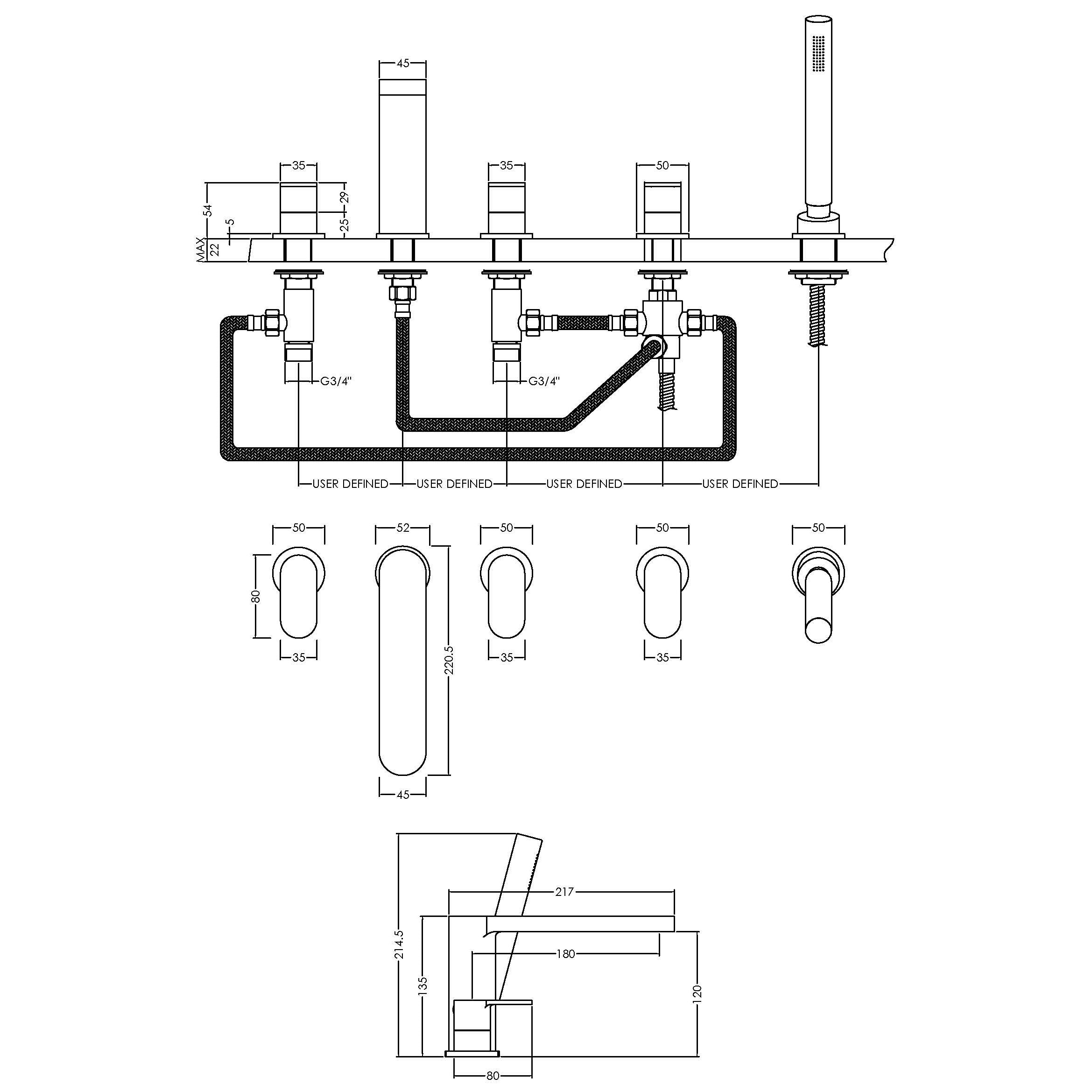 Brent 5 Hole Deck Mounted Bath Shower Mixer Tap - Chrome