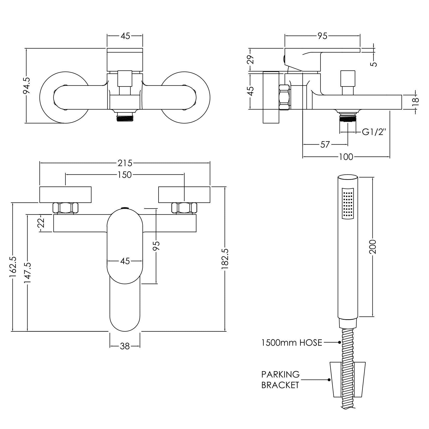 Brent Wall Mounted Bath Shower Mixer Tap With Handset - Chrome