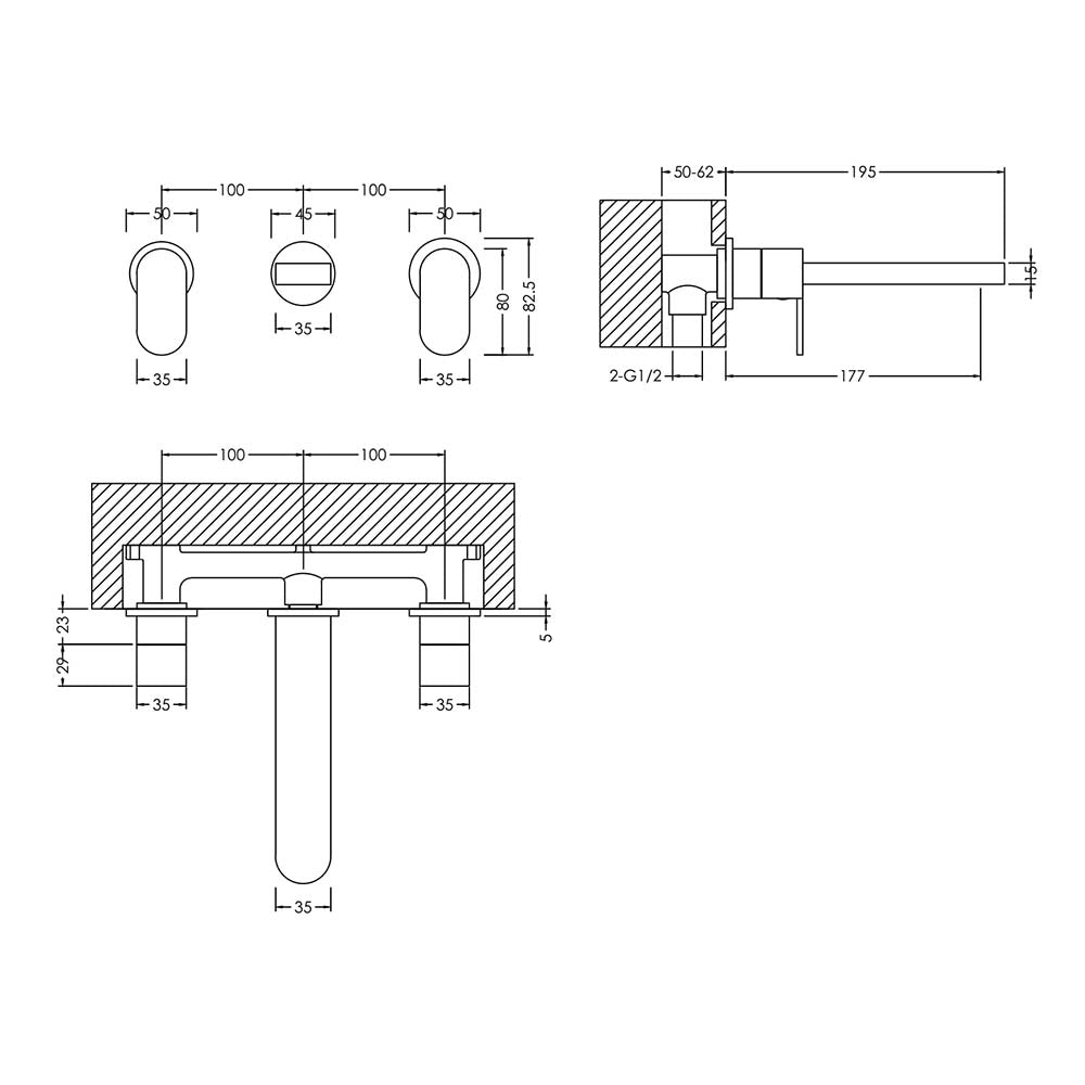 Brent 3 Tap Hole Wall Mounted Basin Mixer - Chrome