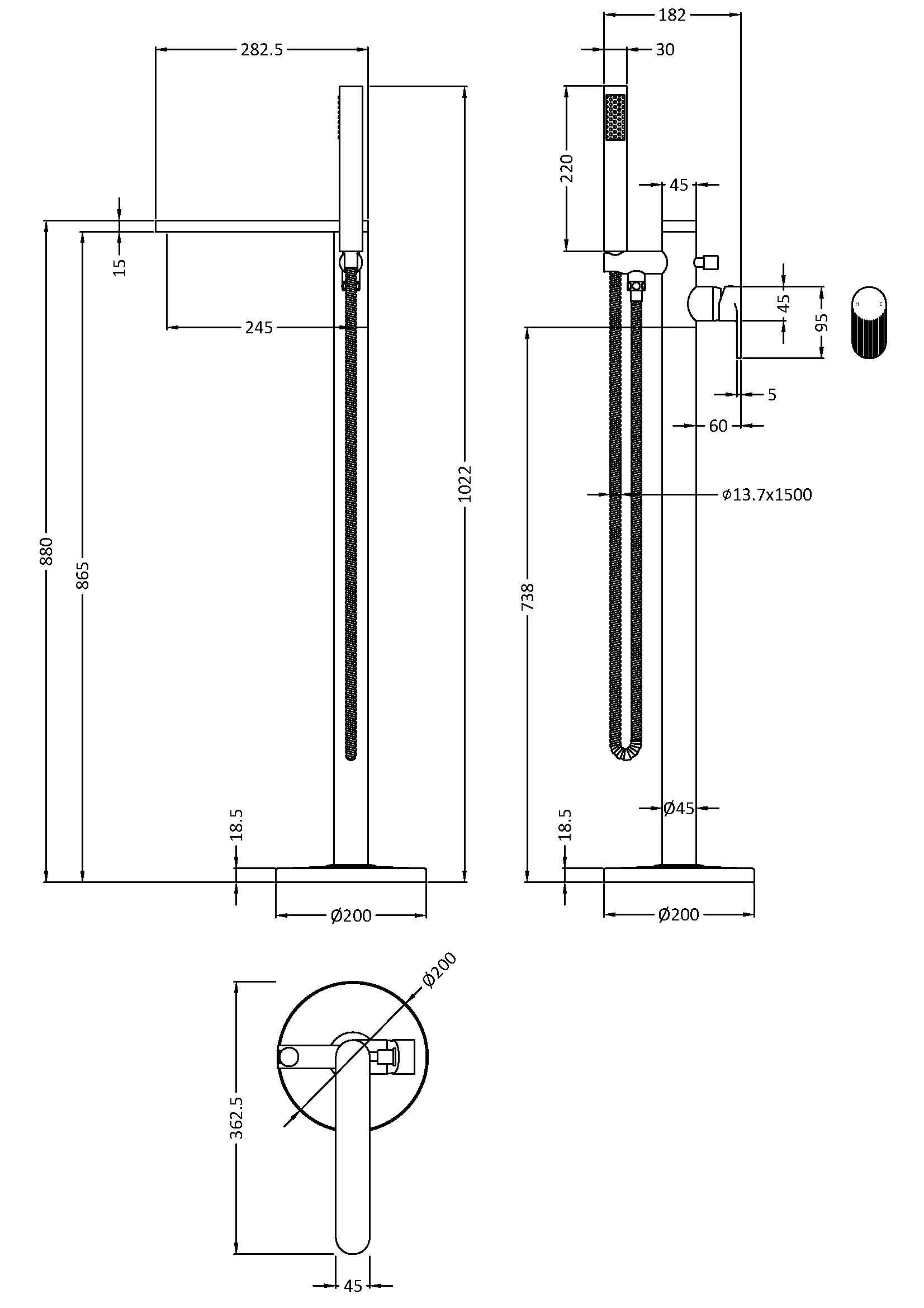 Cove Fluted Floor Mounted Bath Shower Mixer Tap With Handset