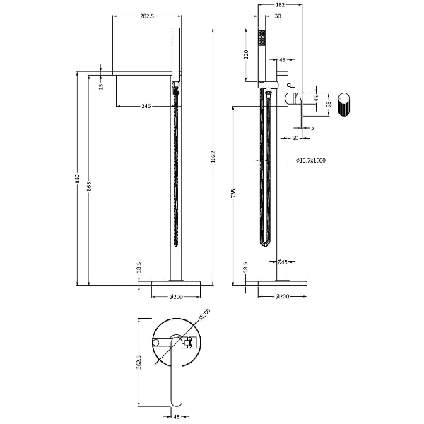 Cove Fluted Floor Mounted Bath Shower Mixer Tap With Handset