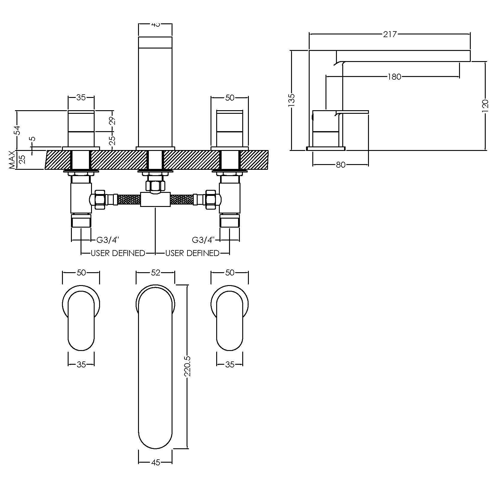 Brent 3 Hole Deck Mounted Bath Filler Tap - Chrome