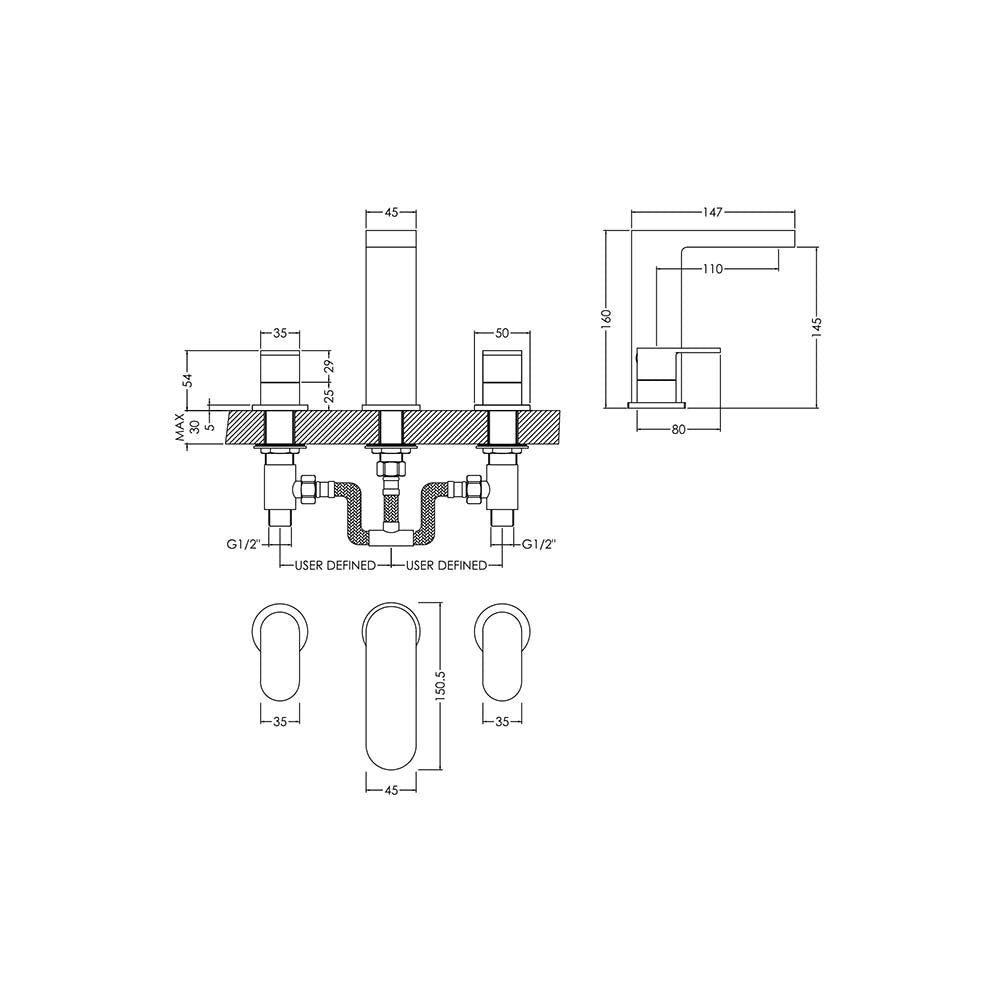 Brent 3 Tap Hole Basin Mixer With Pop Up Waste - Chrome