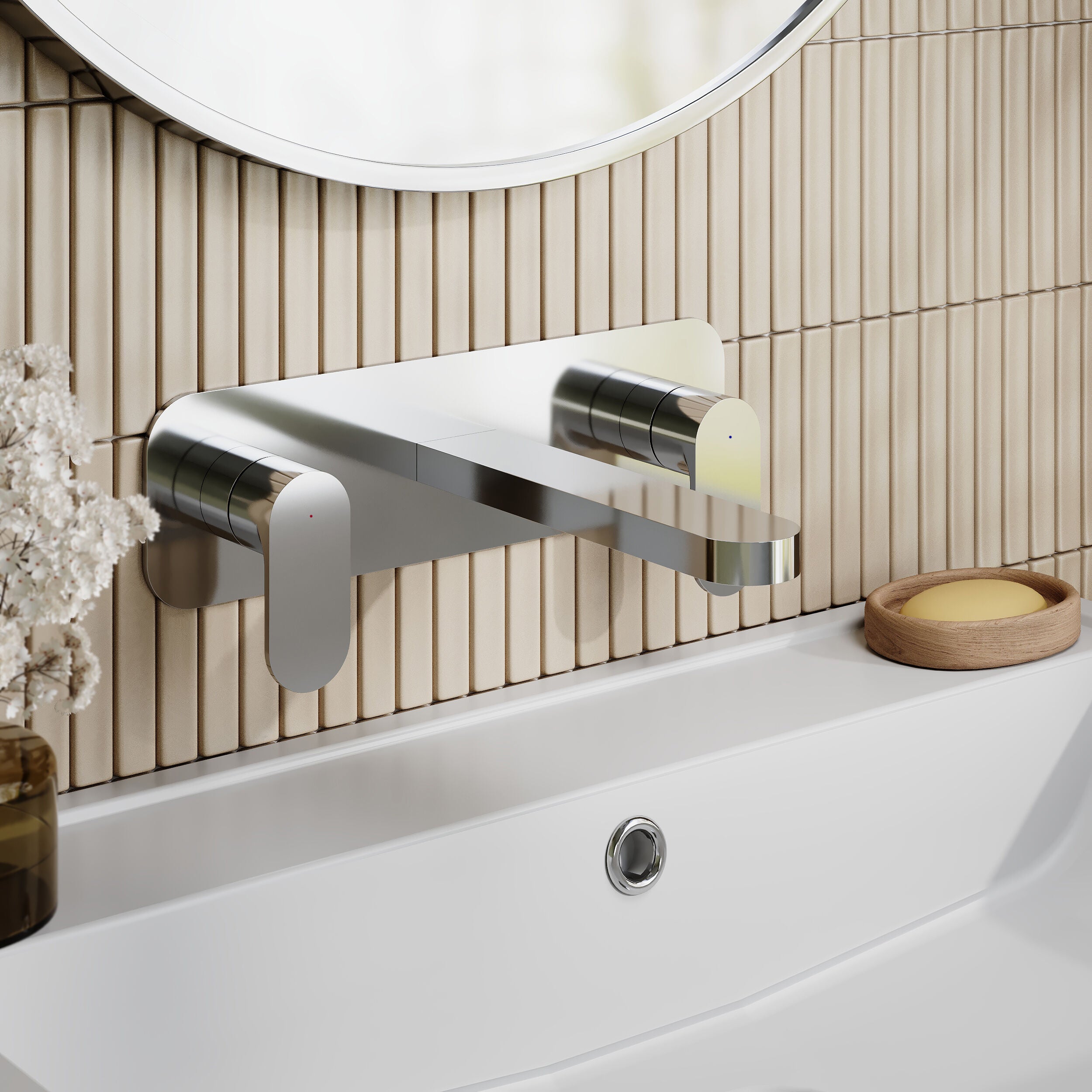 Brent 3 Hole Wall Mounted Basin Mixer Tap With Plate - Chrome