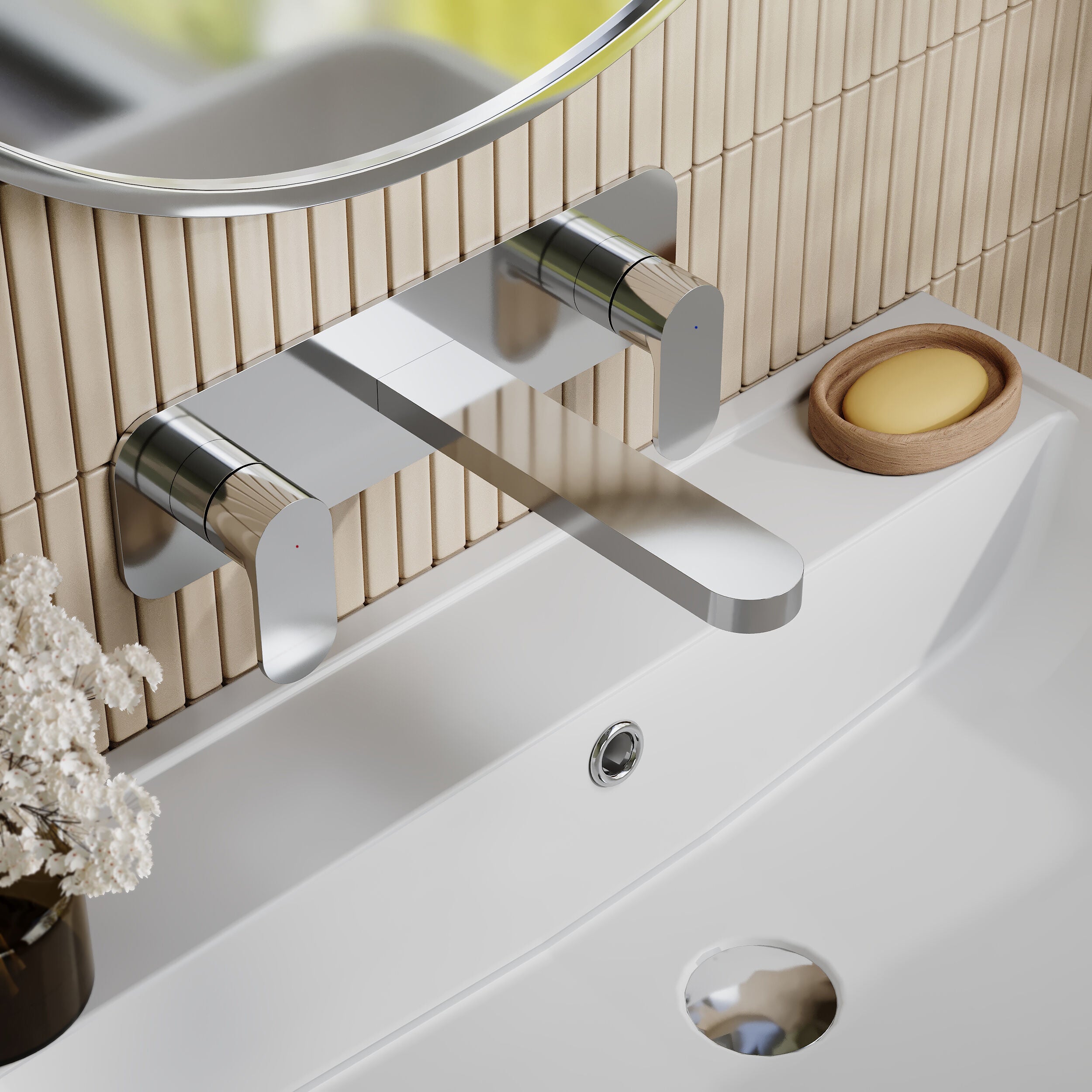 Brent 3 Hole Wall Mounted Basin Mixer Tap With Plate - Chrome