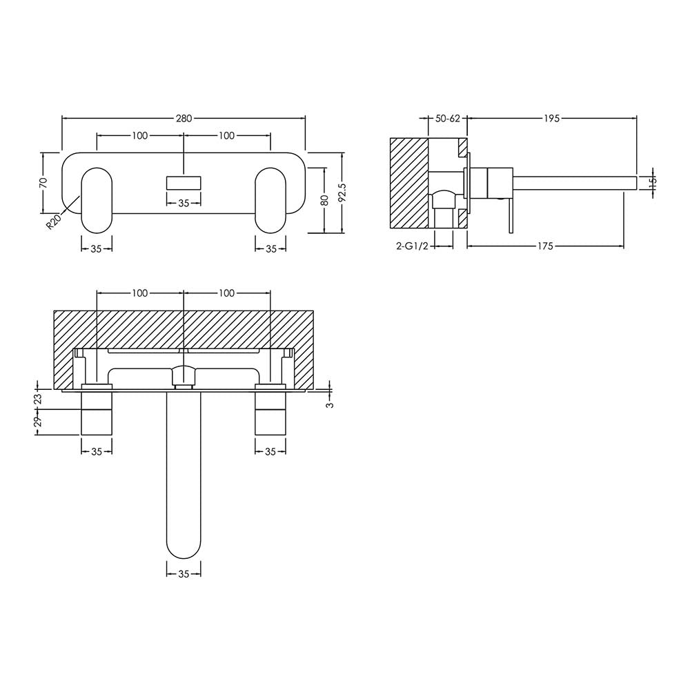 Brent 3 Tap Hole Wall Mounted Basin Mixer With Plate - Chrome
