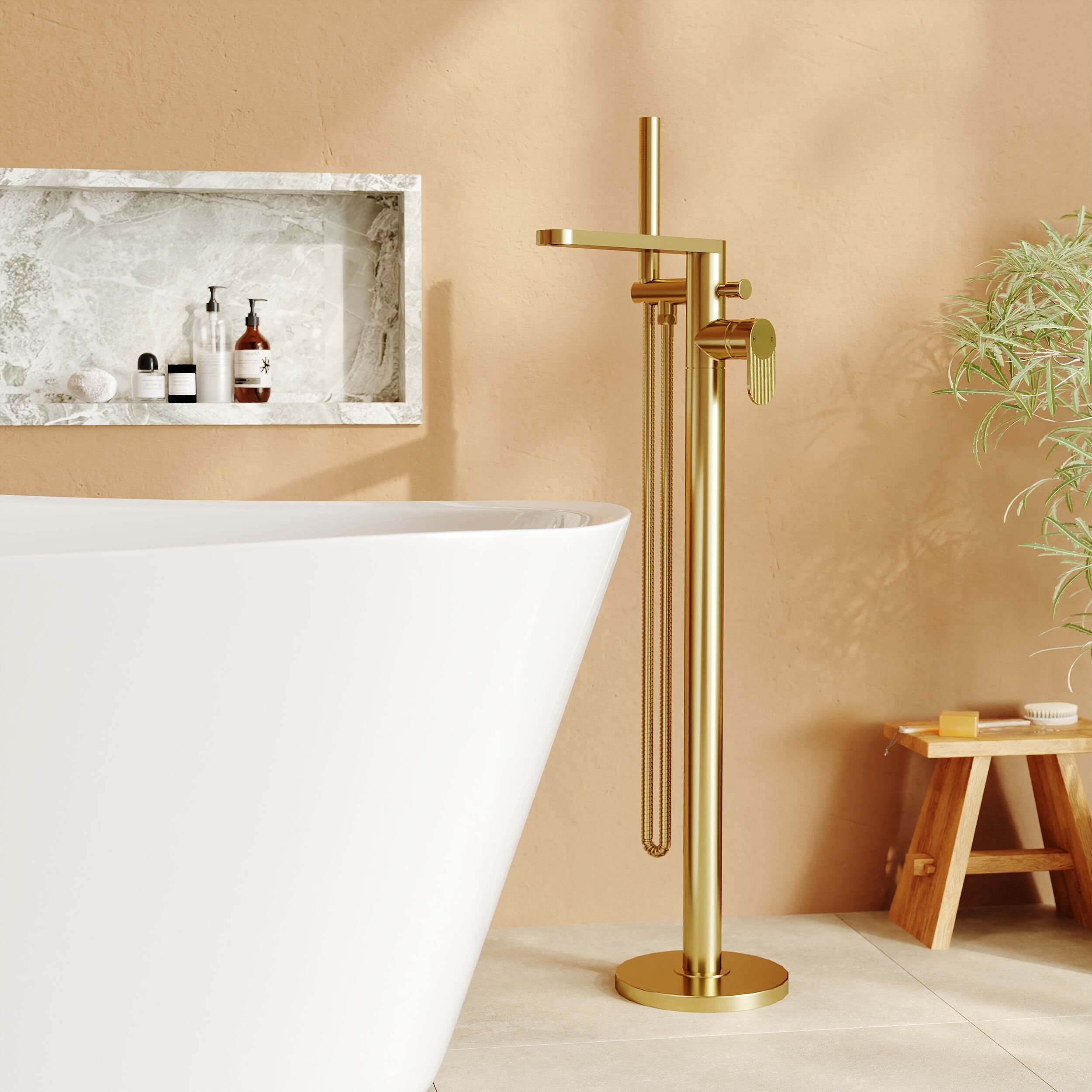 Cove Fluted Floor Mounted Bath Shower Mixer Tap With Handset