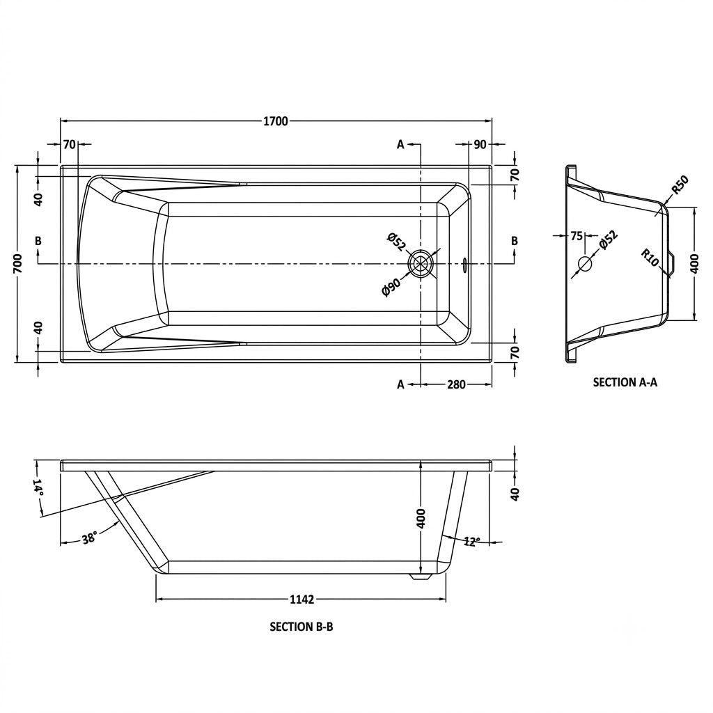 Boynton Straight Single Ended Rectangular Bath With Legs - White
