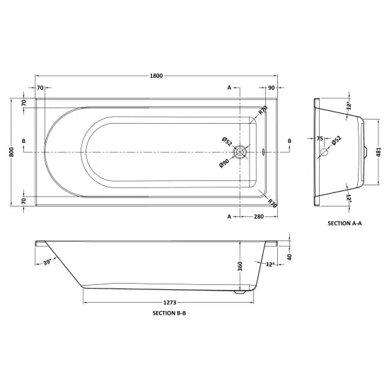 Bamby Straight Round Single Ended Rectangular Bath With Legs - White