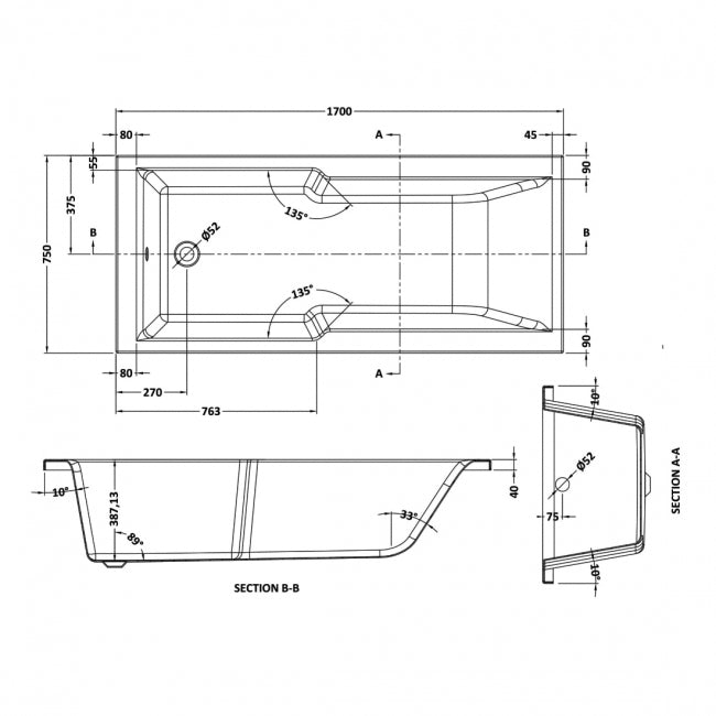 Alpha Rectangular Single Ended Shower Bath With Legs - 1700mm x 750mm -White
