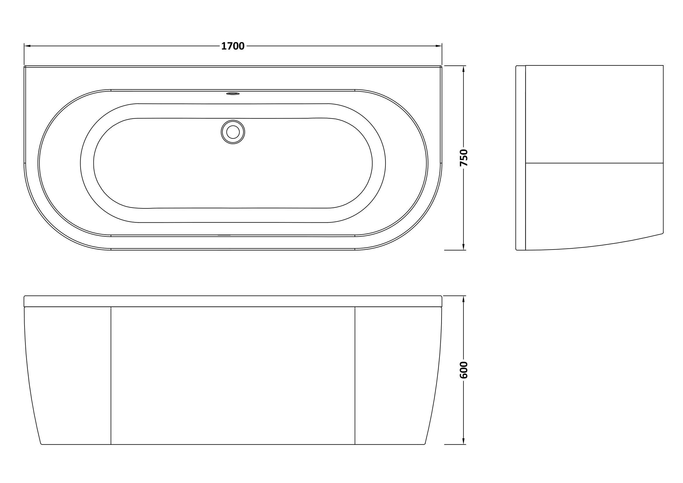 Tivoli Curved Back To Wall Bath With Legs And Panel - 1700mm x 750mm - White