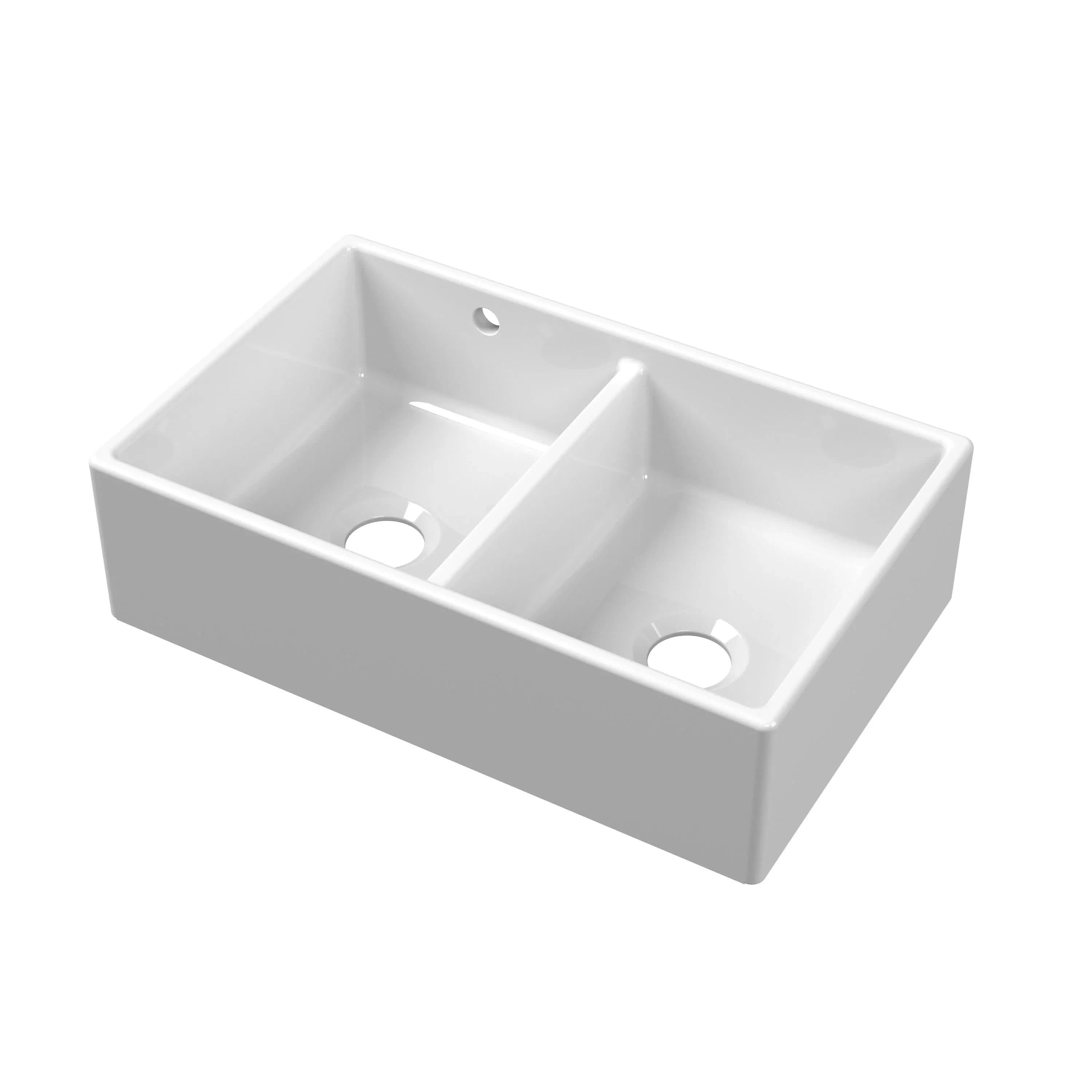Nuie Double Bowl Butler Sink With Stepped Weir And Overflow - 1 Tap Hole - White