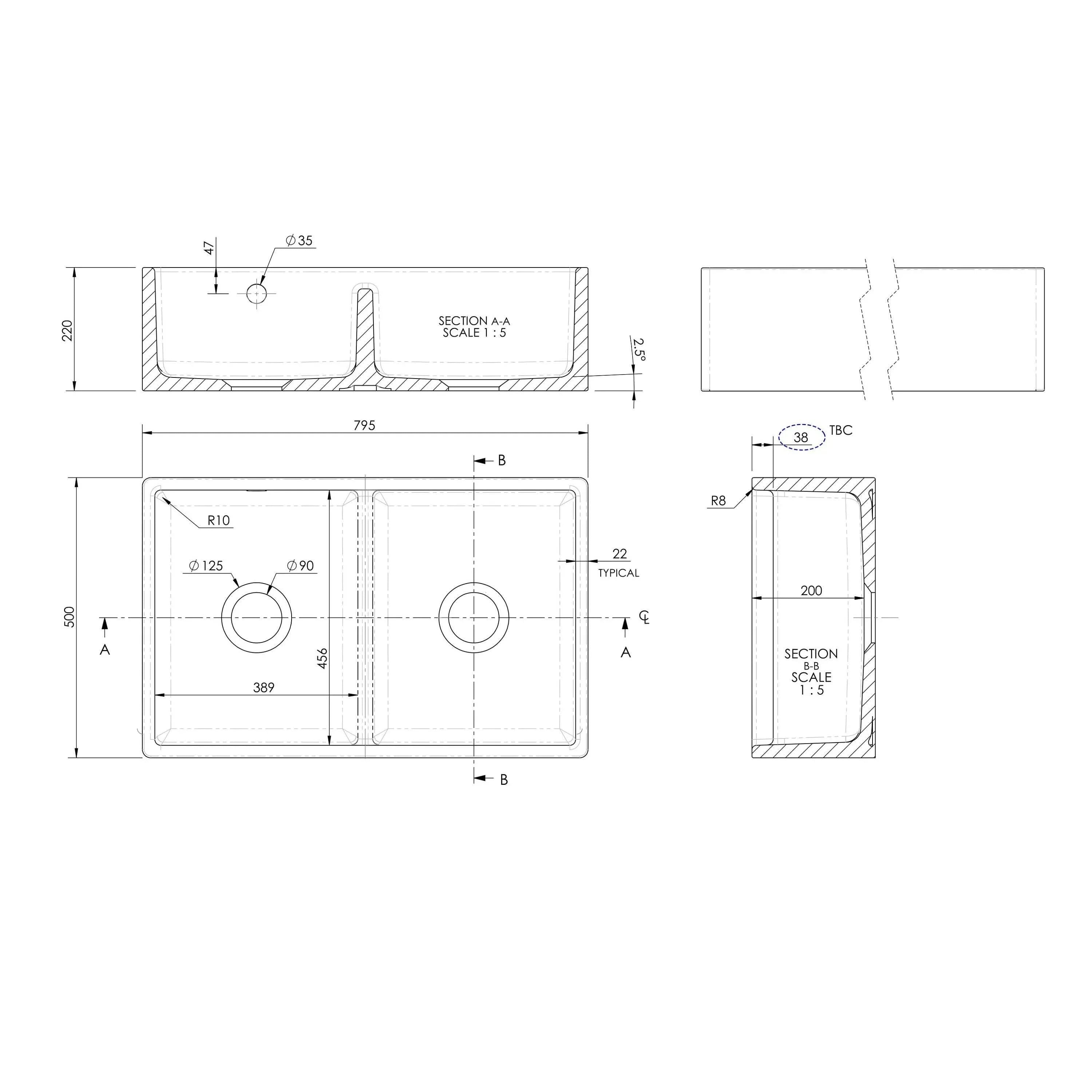 Nuie Double Bowl Butler Sink With Stepped Weir And Overflow - 1 Tap Hole - White