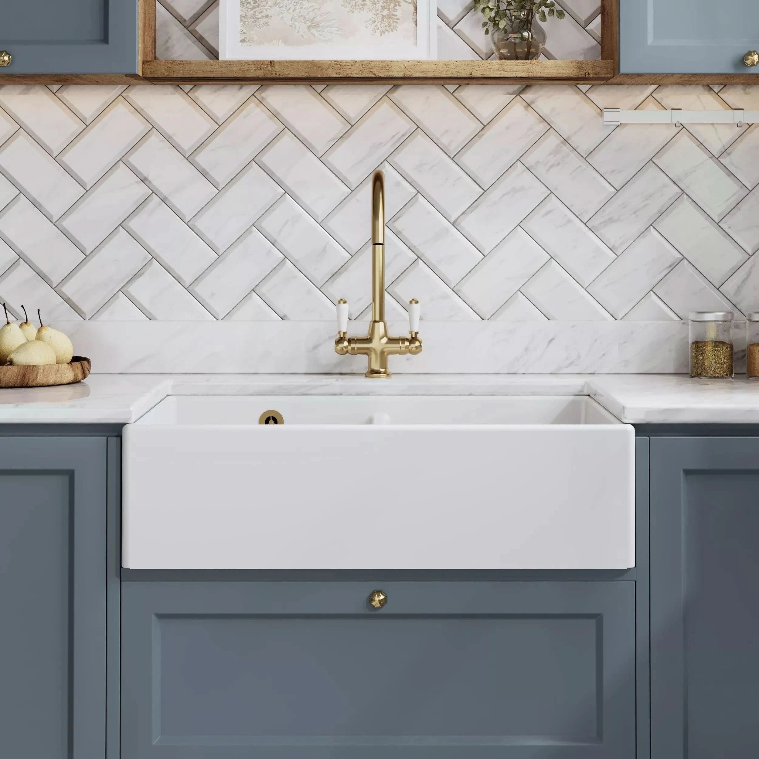 Nuie Double Bowl Butler Sink With Stepped Weir And Overflow - 1 Tap Hole - White