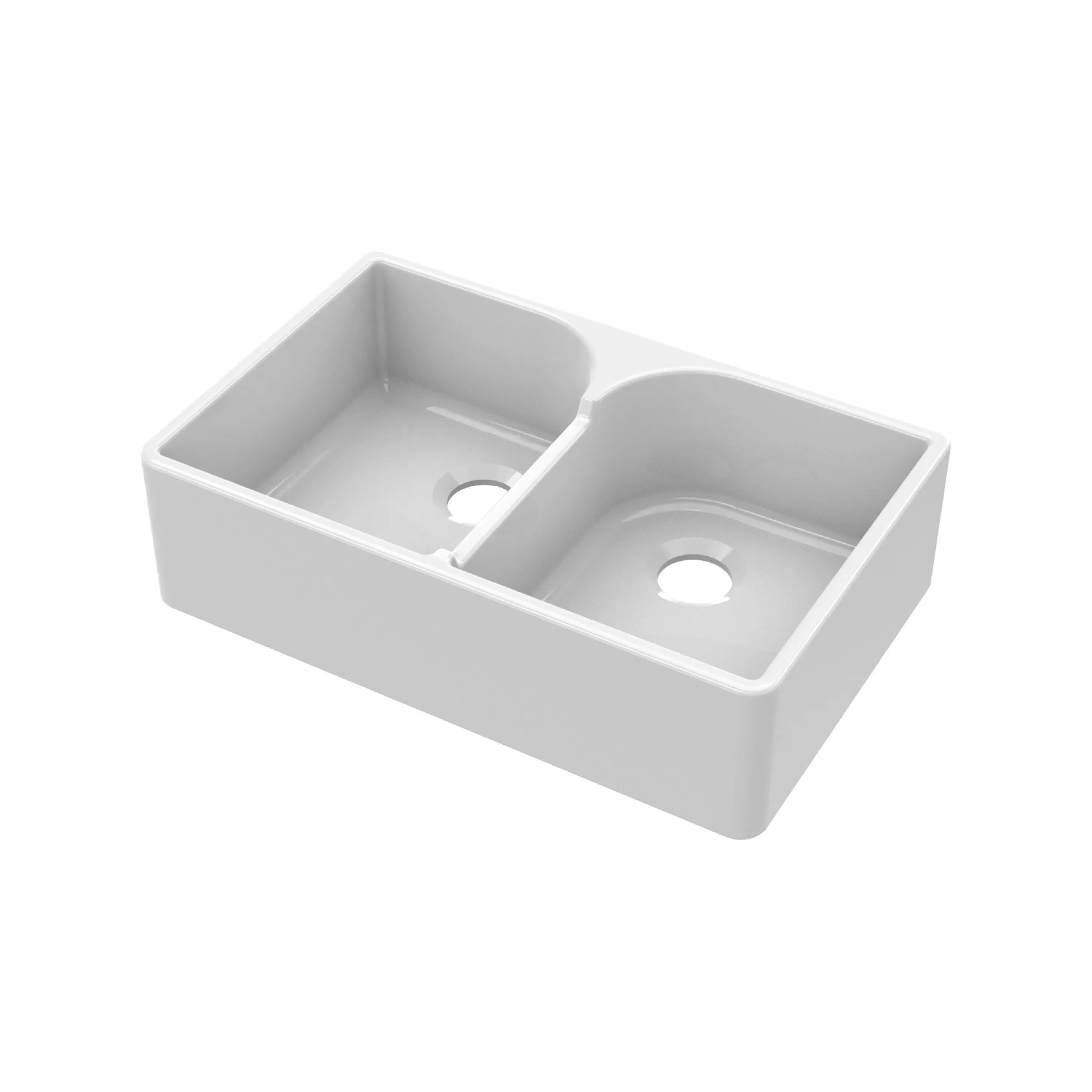 Nuie 795mm Double Bowl Butler Sink With Offset Waste And Stepped Weir - White