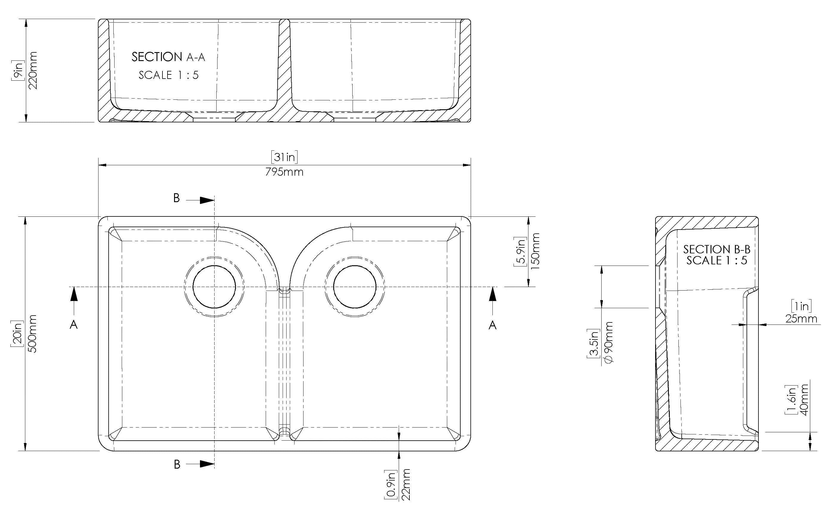 Nuie 795mm Double Bowl Butler Sink With Offset Waste And Stepped Weir - White