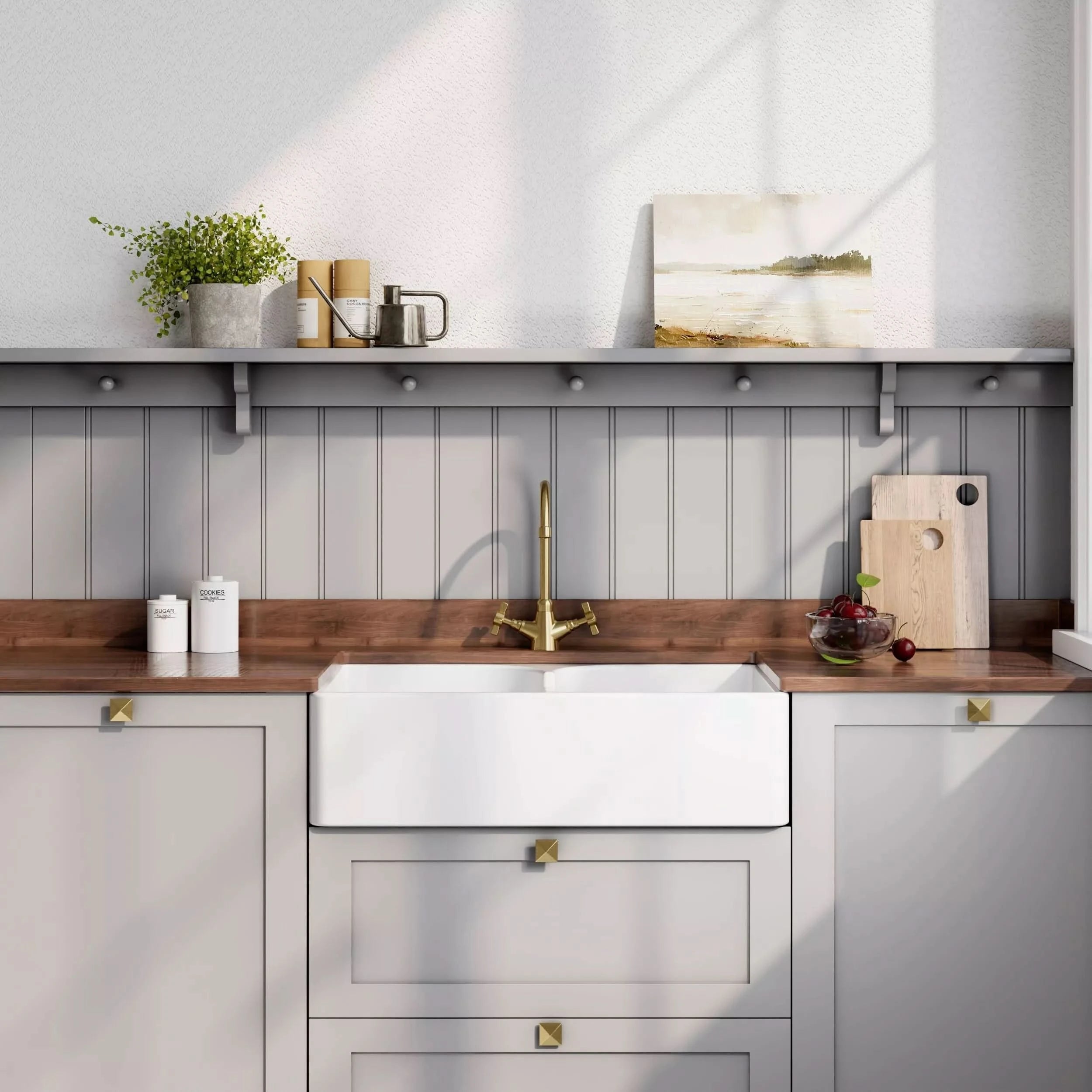 Nuie 795mm Double Bowl Butler Sink With Offset Waste And Stepped Weir - White