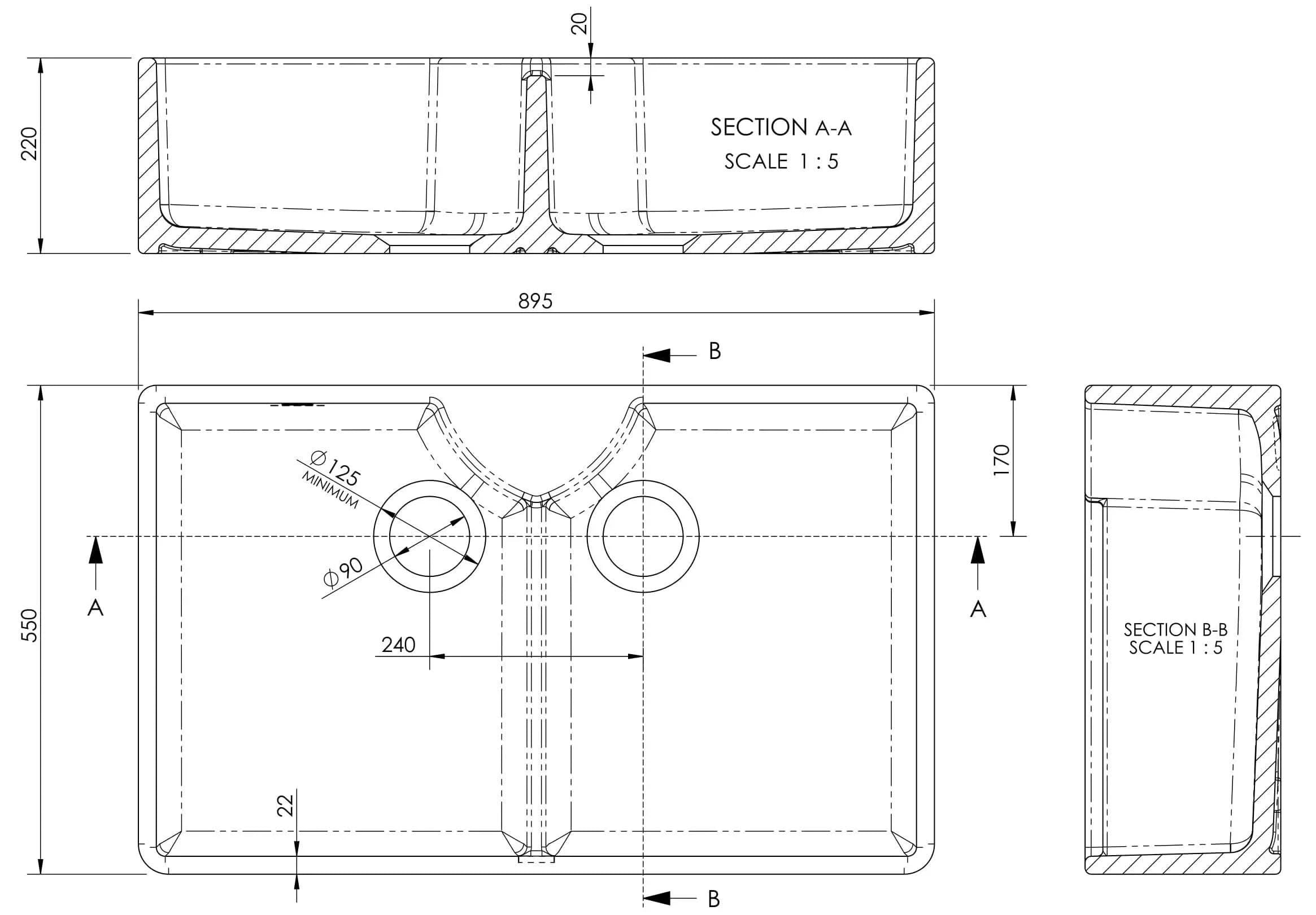Nuie 895mm Double Bowl Butler Sink With Stepped Weir - White