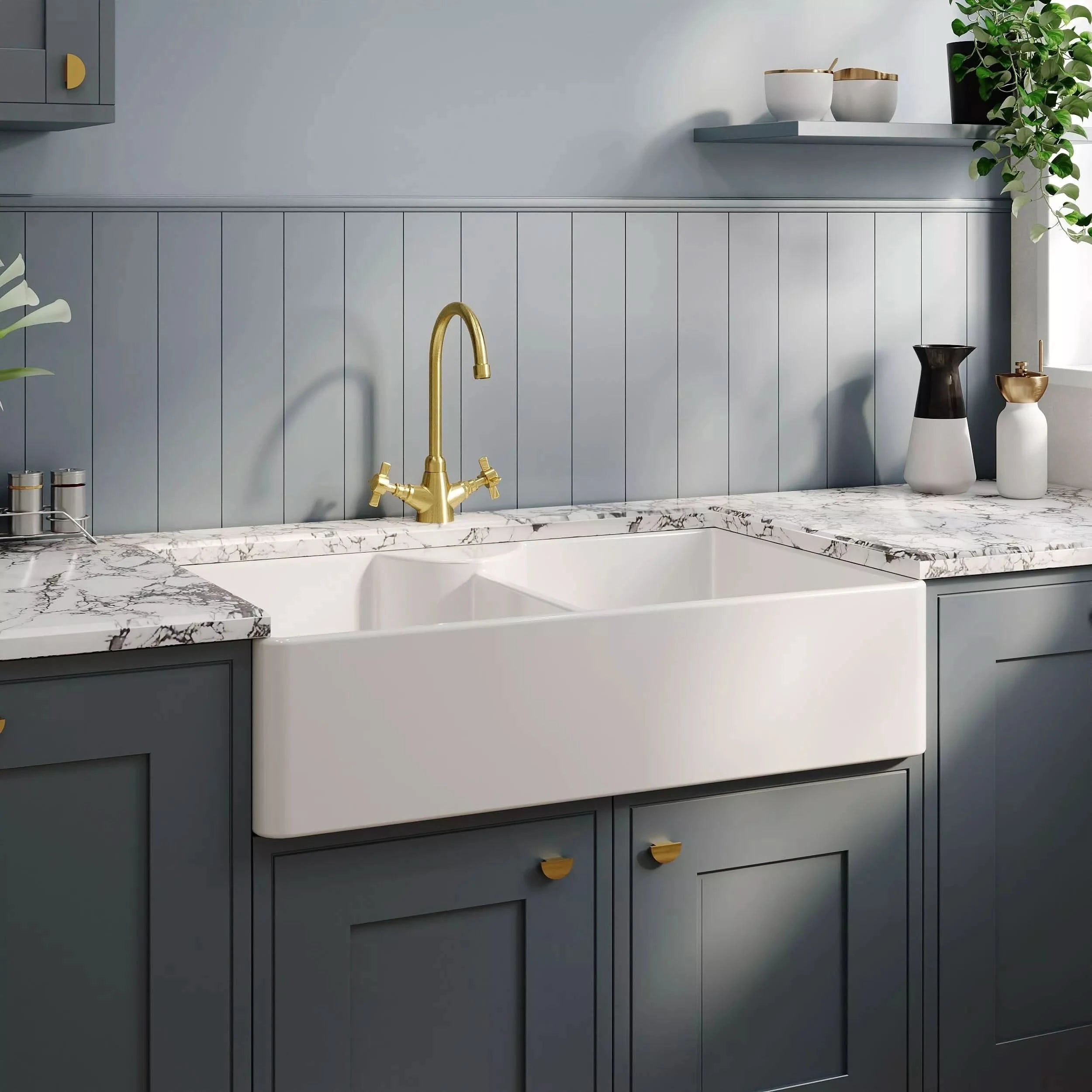 Nuie 895mm Double Bowl Butler Sink With Stepped Weir - White