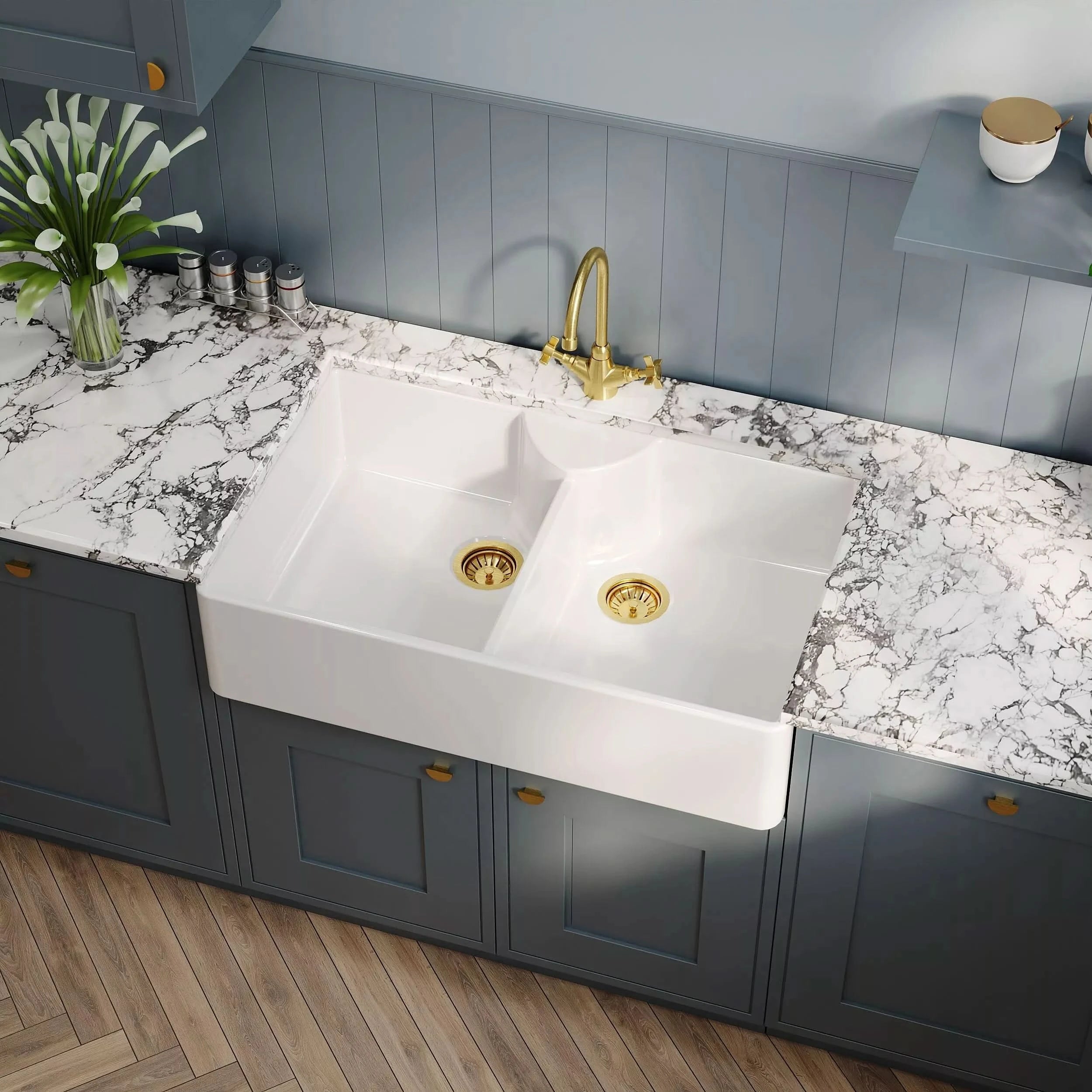 Nuie 895mm Double Bowl Butler Sink With Stepped Weir - White