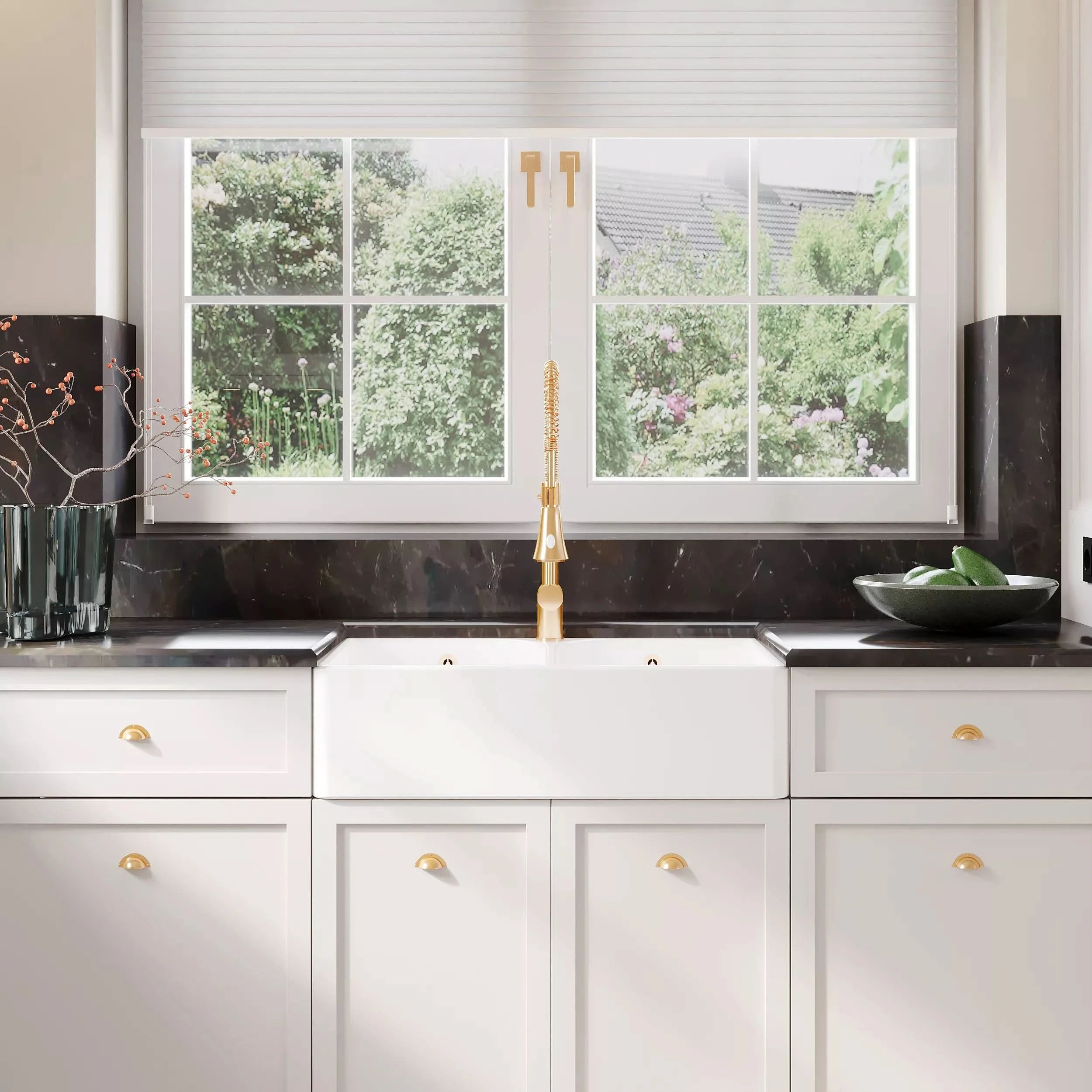 Nuie 795mm Double Bowl Butler Sink With Full Weir And Overflow - White