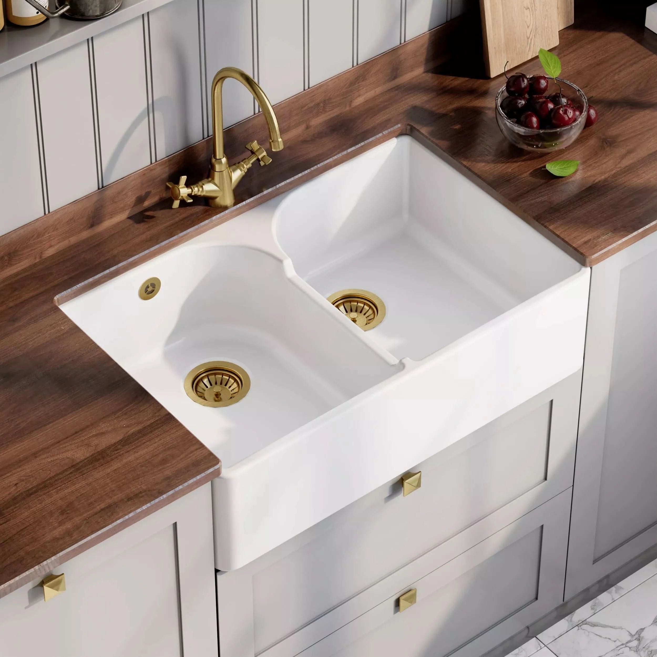 Nuie Double Bowl Butler Sink With Stepped Weir And Overflow - White
