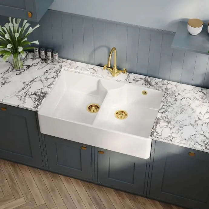 Nuie Double Bowl Butler Sink With Stepped Weir And Overflow - White