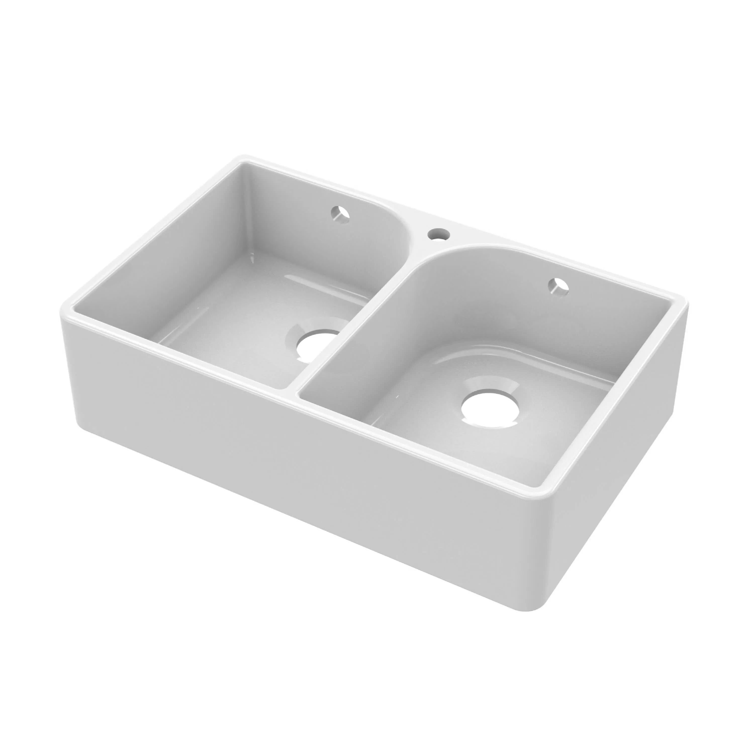 Nuie 795mm Double Bowl Butler Sink With Full Weir And Overflow - 1 Tap Hole - White