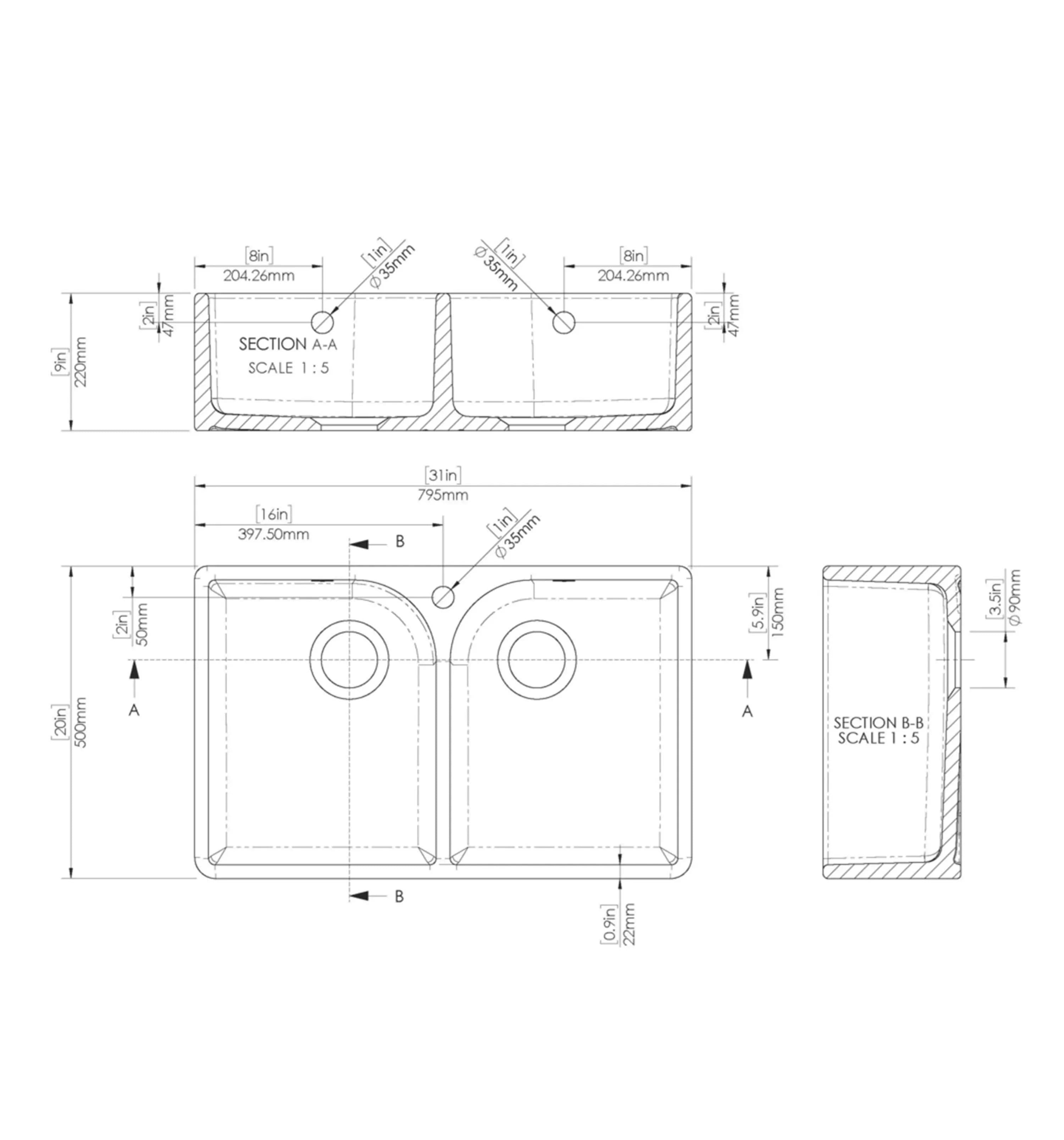 Nuie 795mm Double Bowl Butler Sink With Full Weir And Overflow - 1 Tap Hole - White