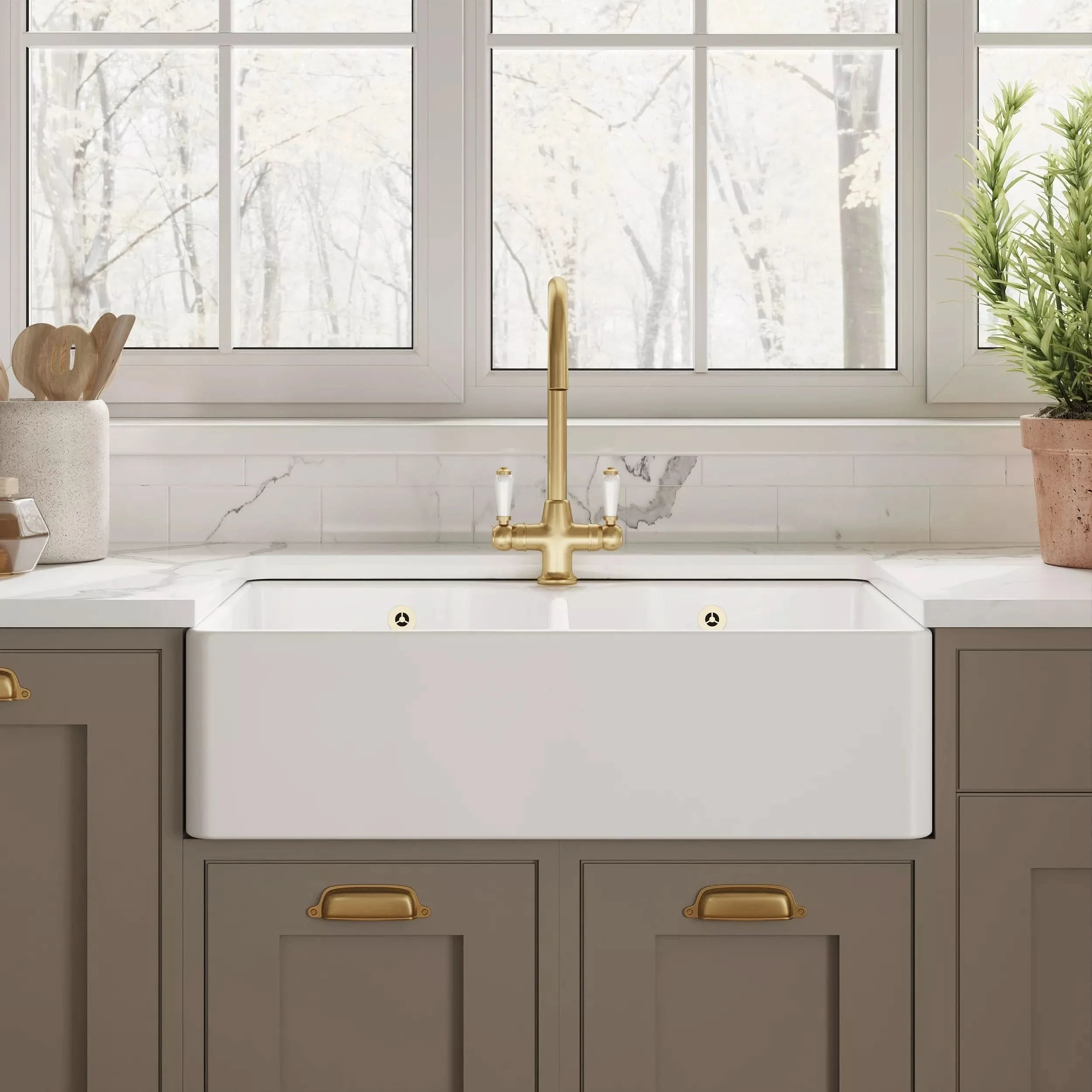 Nuie 795mm Double Bowl Butler Sink With Full Weir And Overflow - 1 Tap Hole - White