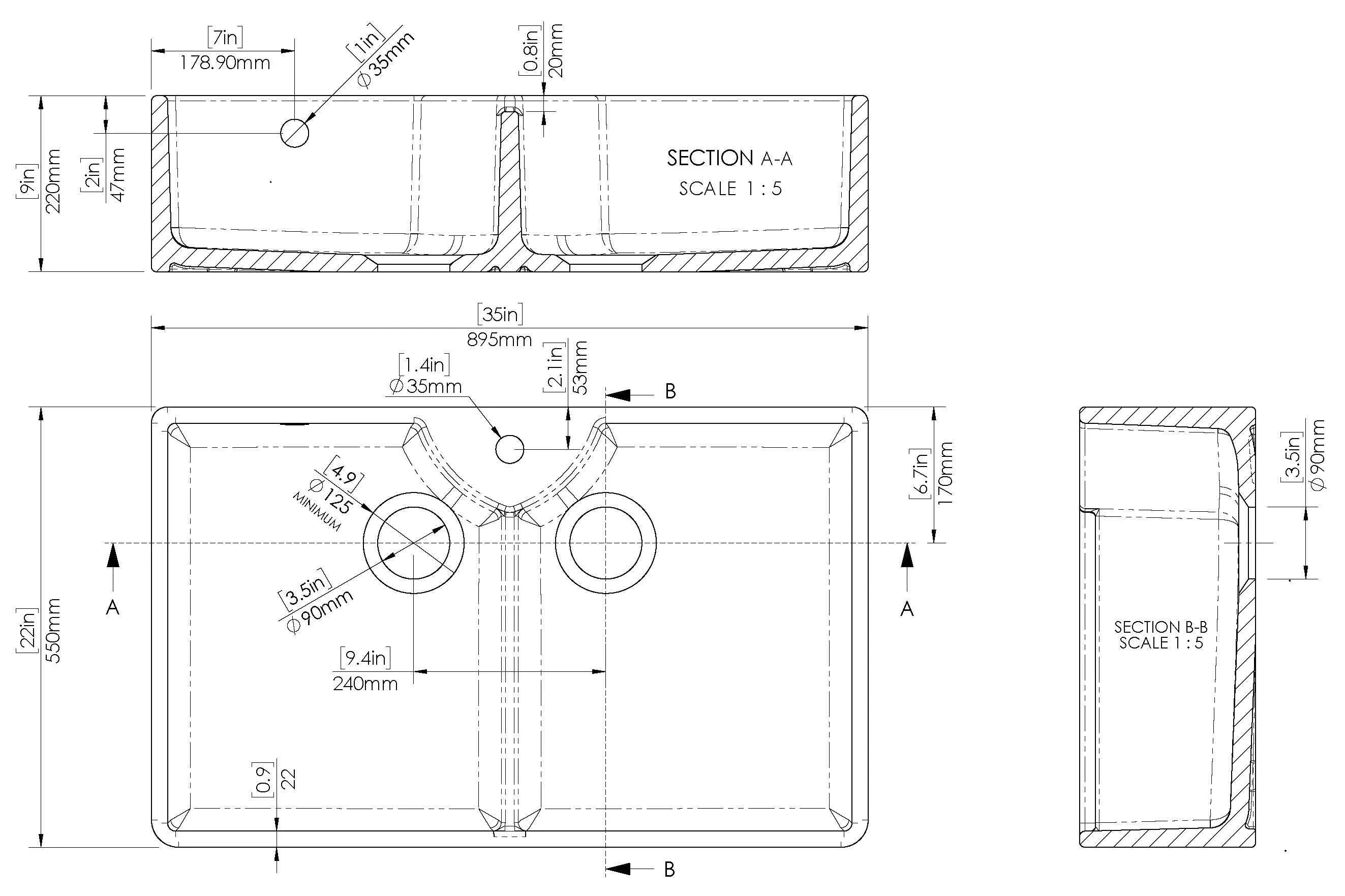 Nuie Double Bowl Butler Sink With Stepped Weir And Overflow - 1 Tap Hole - White