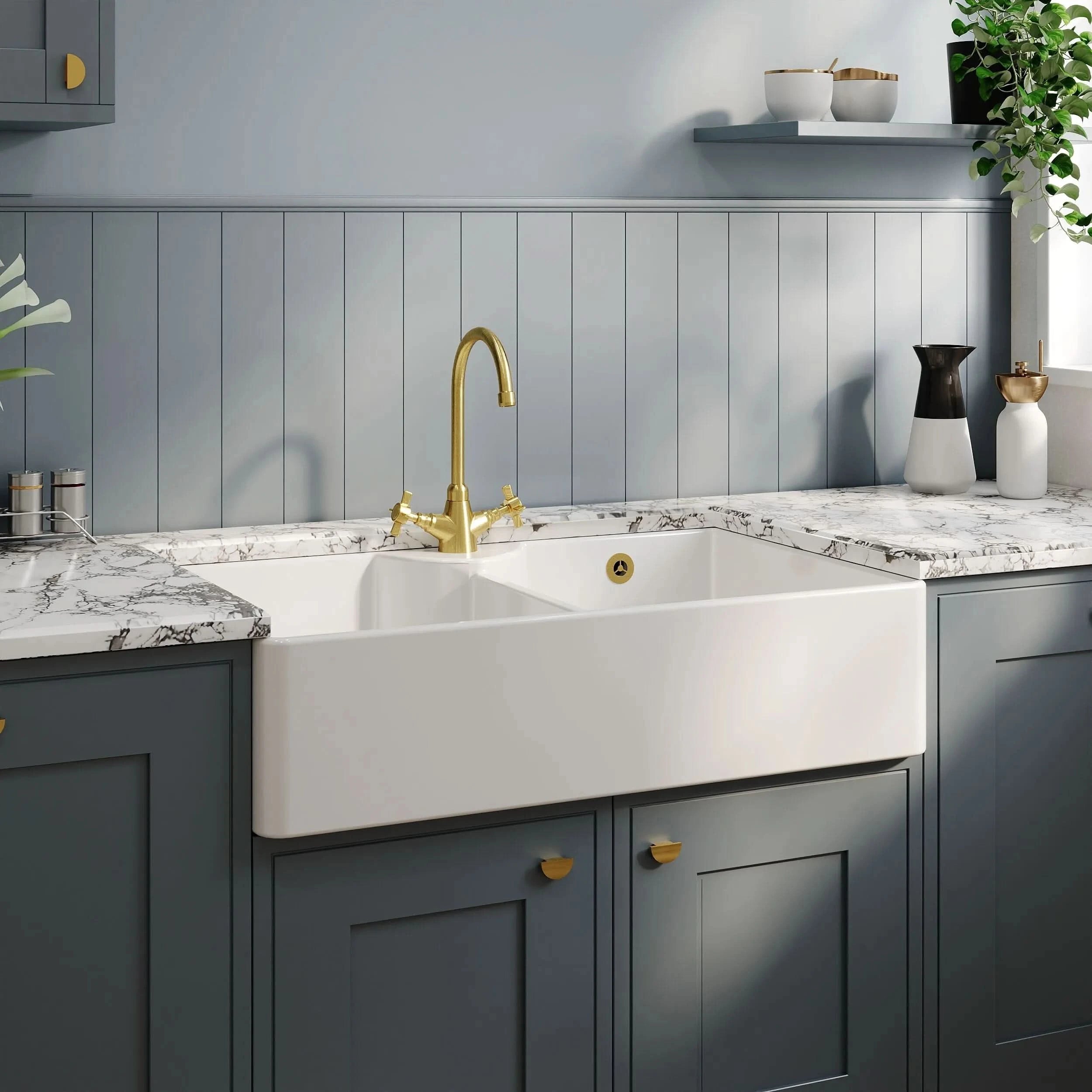 Nuie Double Bowl Butler Sink With Stepped Weir And Overflow - 1 Tap Hole - White