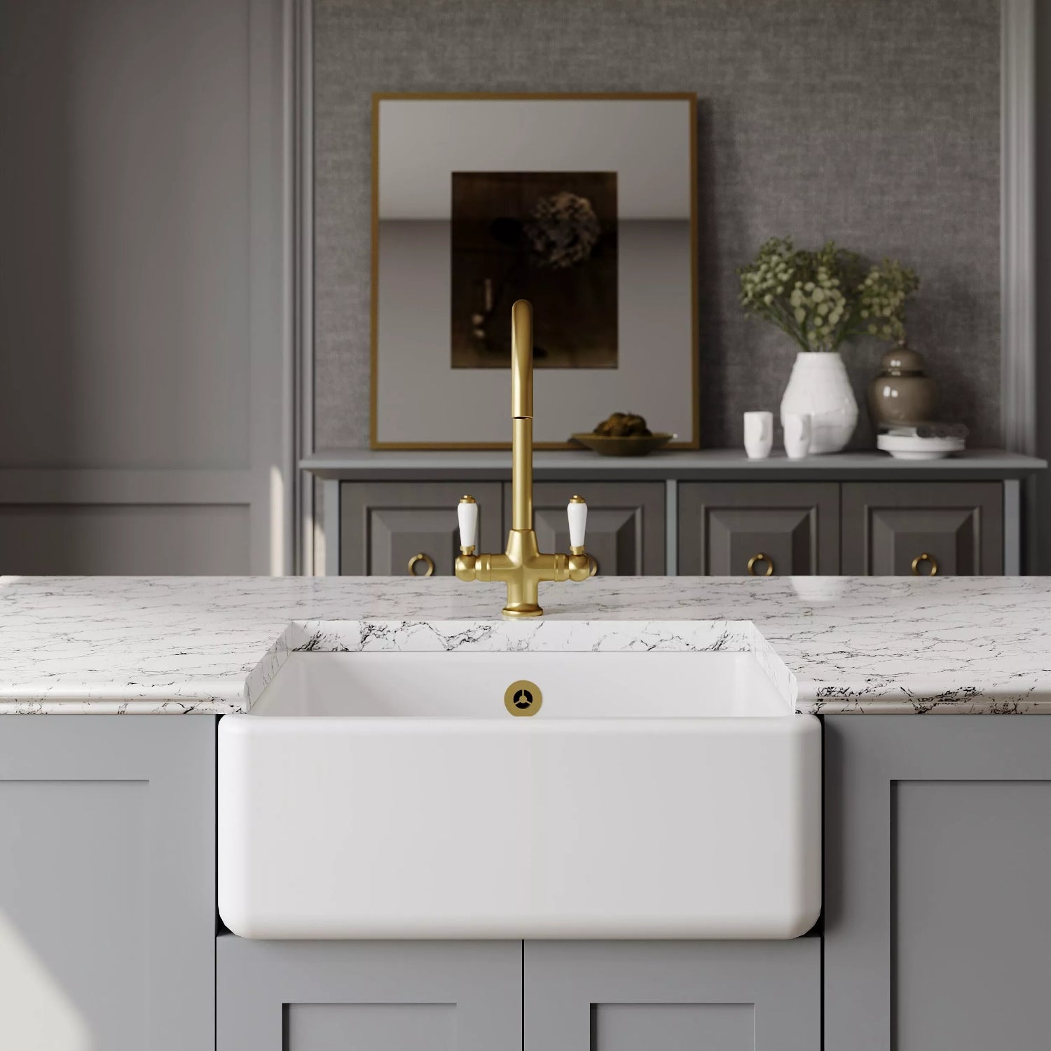 Nuie Single Bowl Traditional Thick Walled Butler Sink - White
