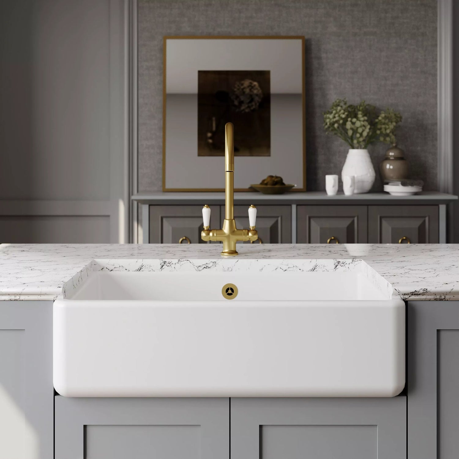 Nuie Single Bowl Traditional Thick Walled Butler Sink - White