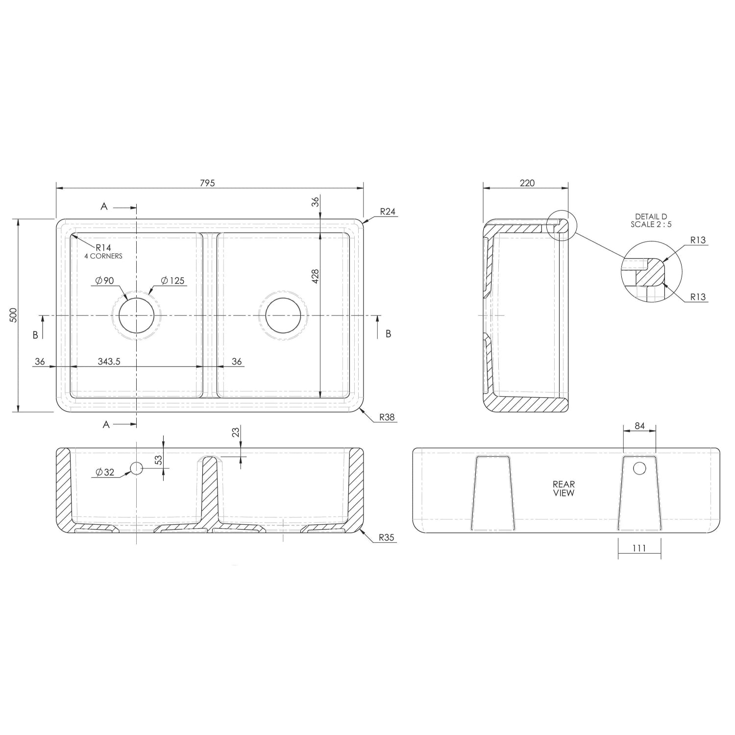 Nuie Double Bowl Traditional Thick Walled Butler Sink - White