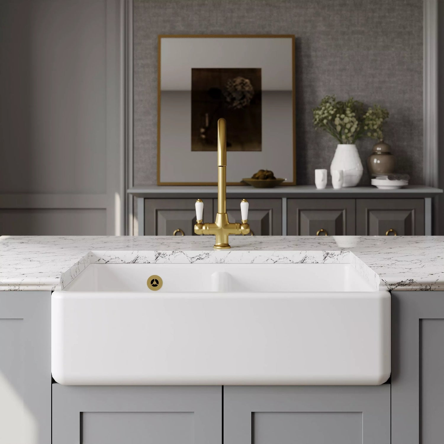 Nuie Double Bowl Traditional Thick Walled Butler Sink - White