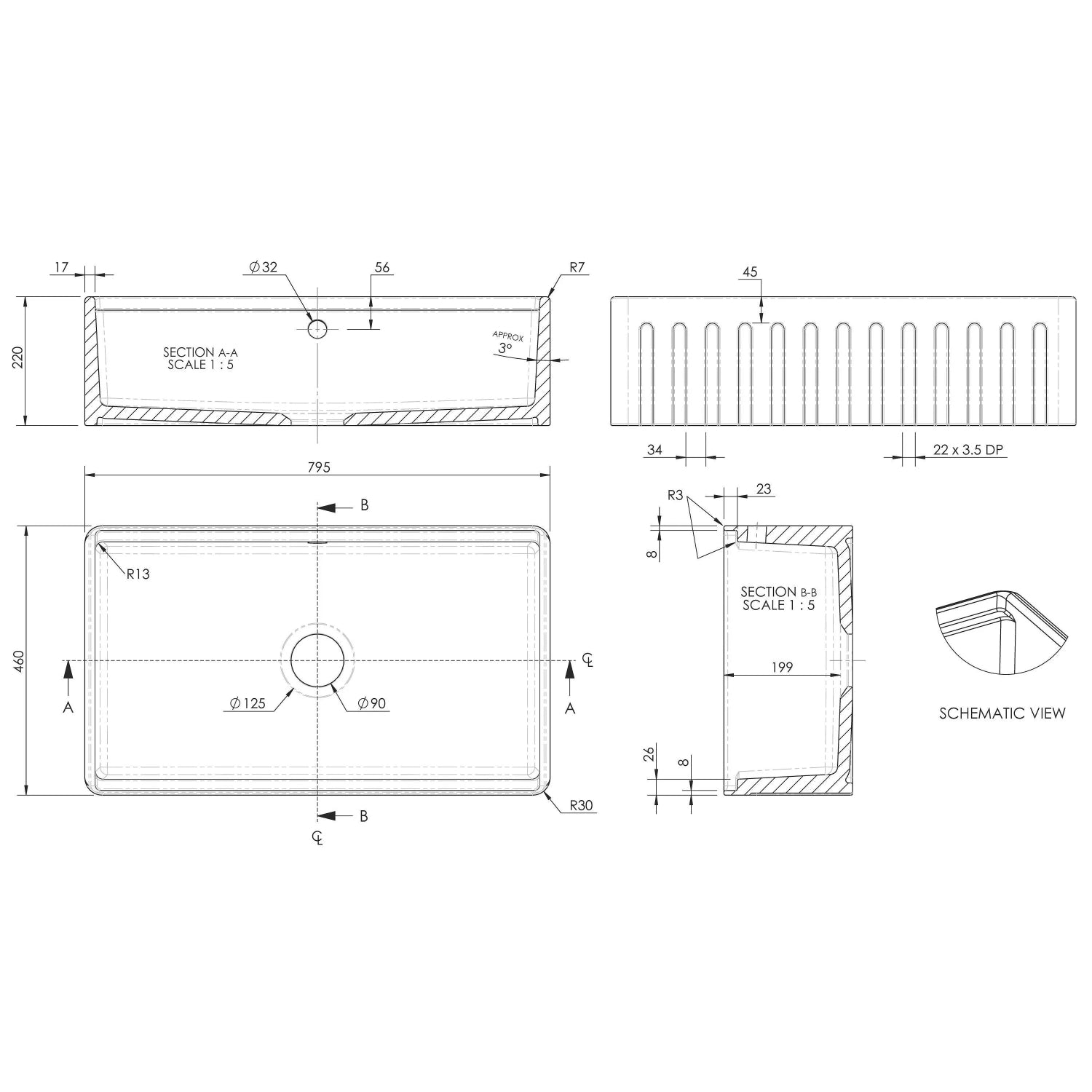 Nuie Butler Sink With Ledge - White