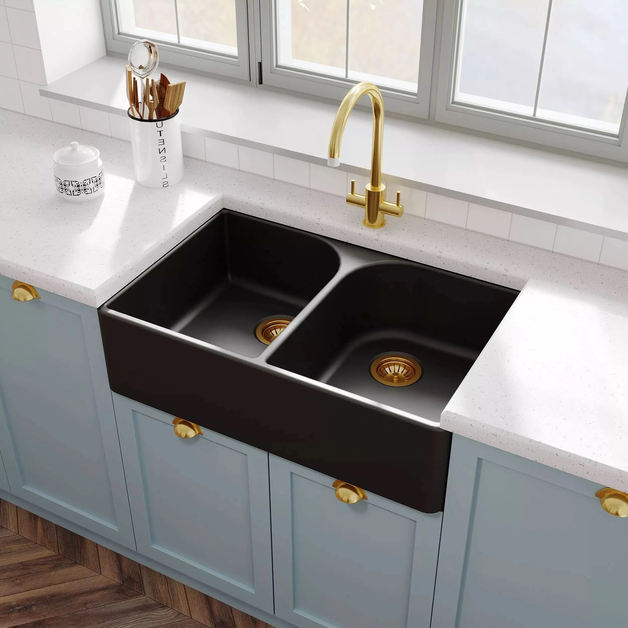 Nuie 795mm Double Bowl Butler Sink With Offset Waste And Full Weir