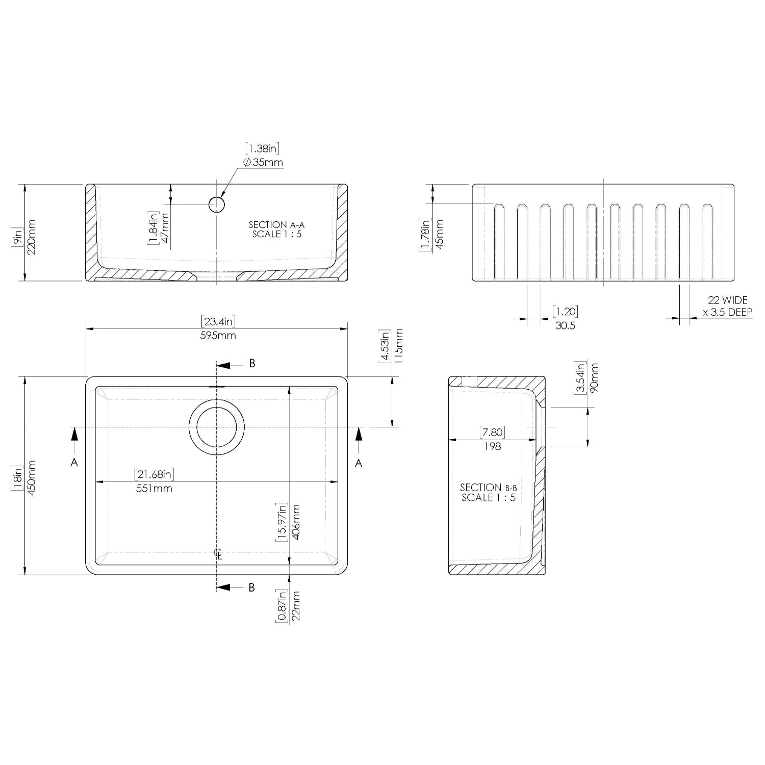 Nuie Single Bowl Fluted Butler Sink With Offset Waste And Overflow - White