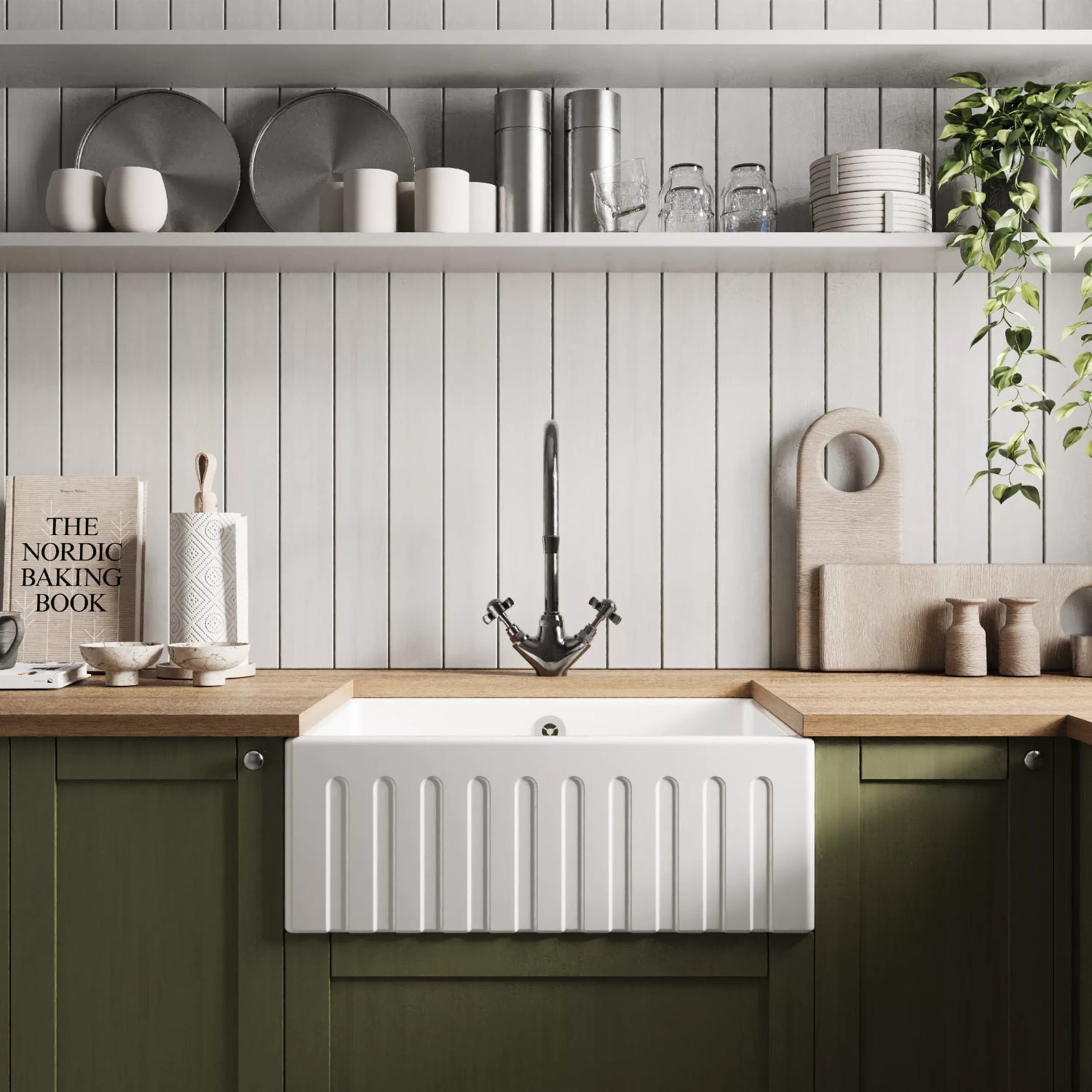 Nuie Single Bowl Fluted Butler Sink With Offset Waste And Overflow - White