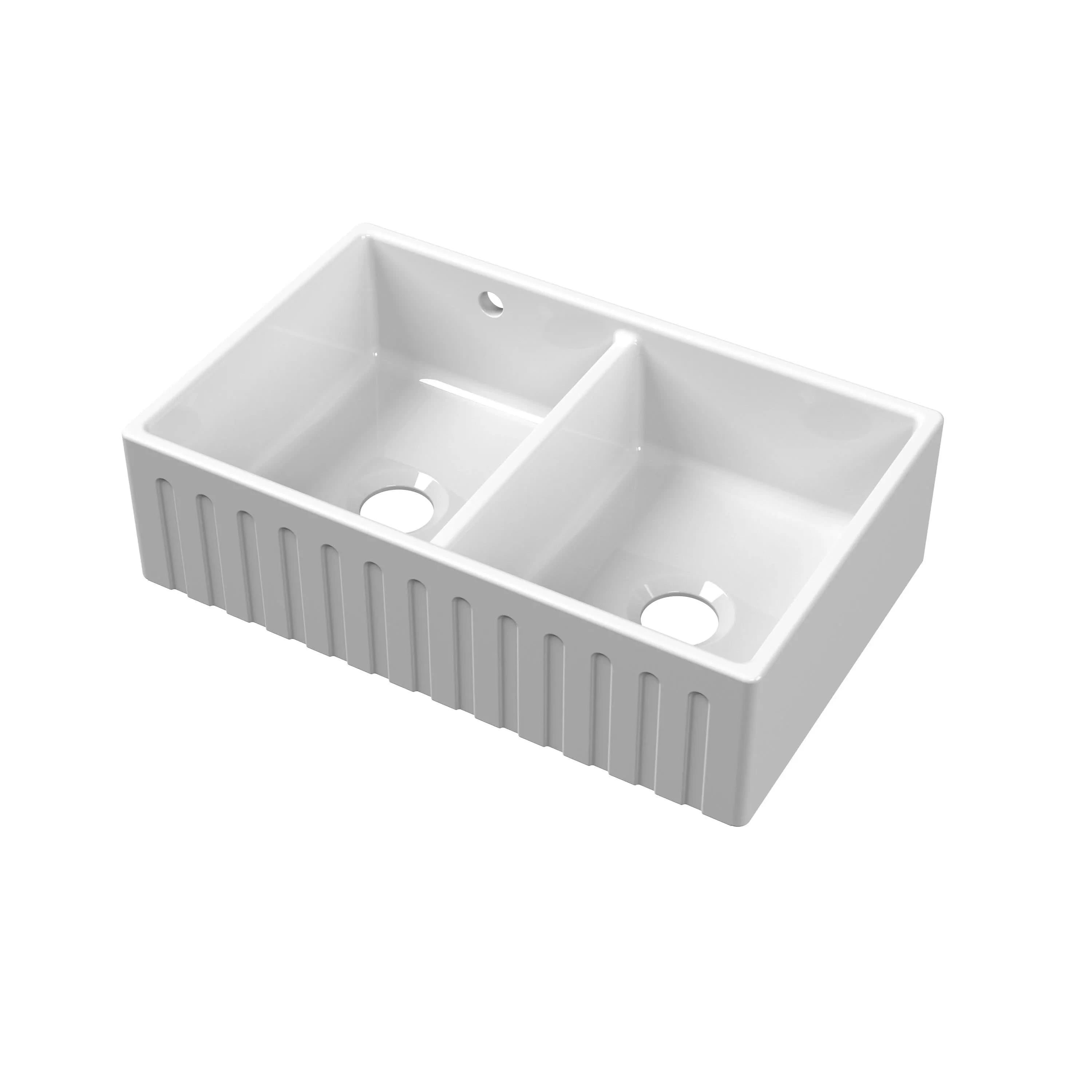Nuie 795mm Double Bowl Fluted Butler Sink With Central Wastes And Overflow - White