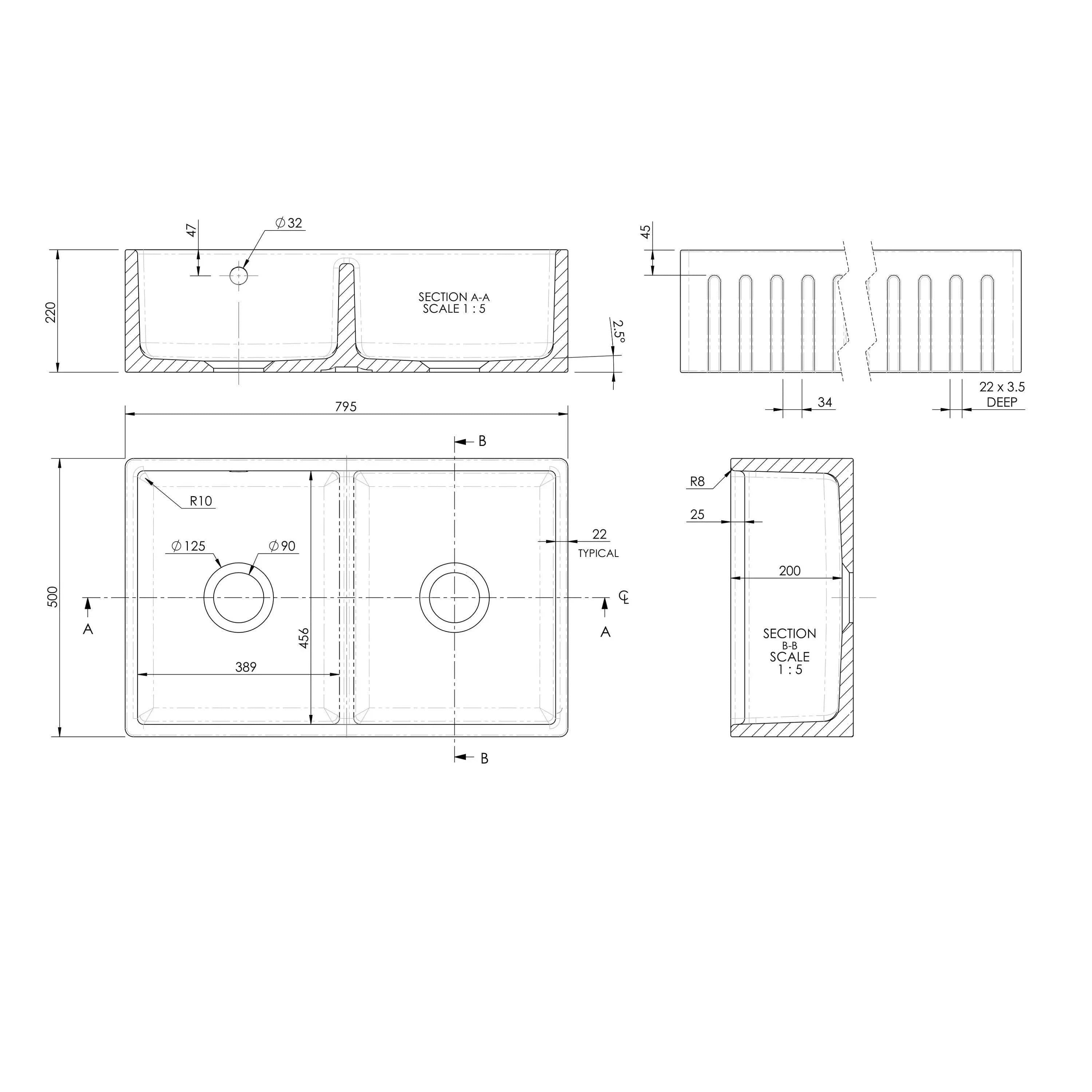 Nuie 795mm Double Bowl Fluted Butler Sink With Central Wastes And Overflow - White